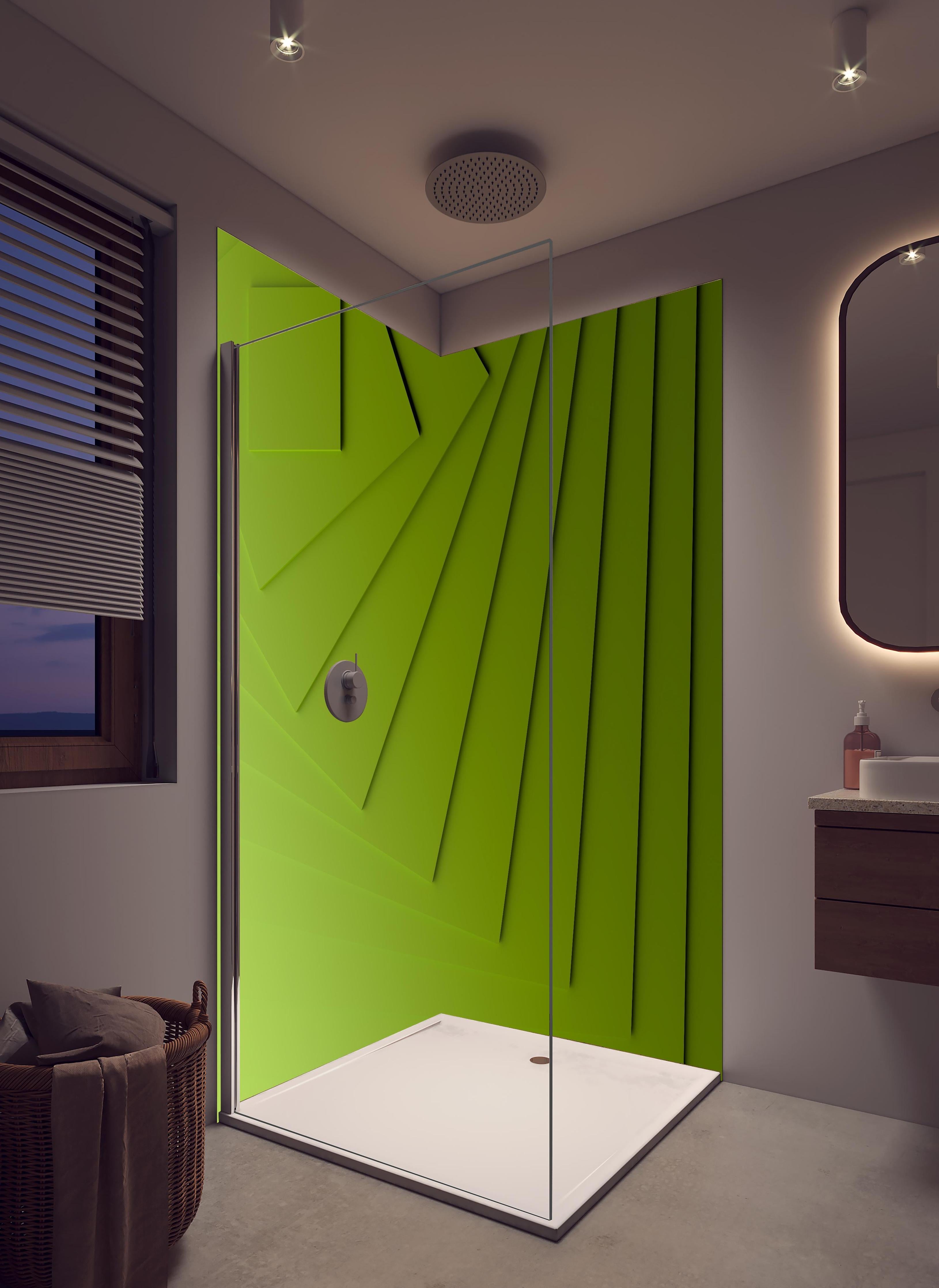 Duschrückwand - Grüner Moderner Hintergrund in hellem Badezimmer mit Regenduschkopf - zweiteilige Eck-Duschrückwand