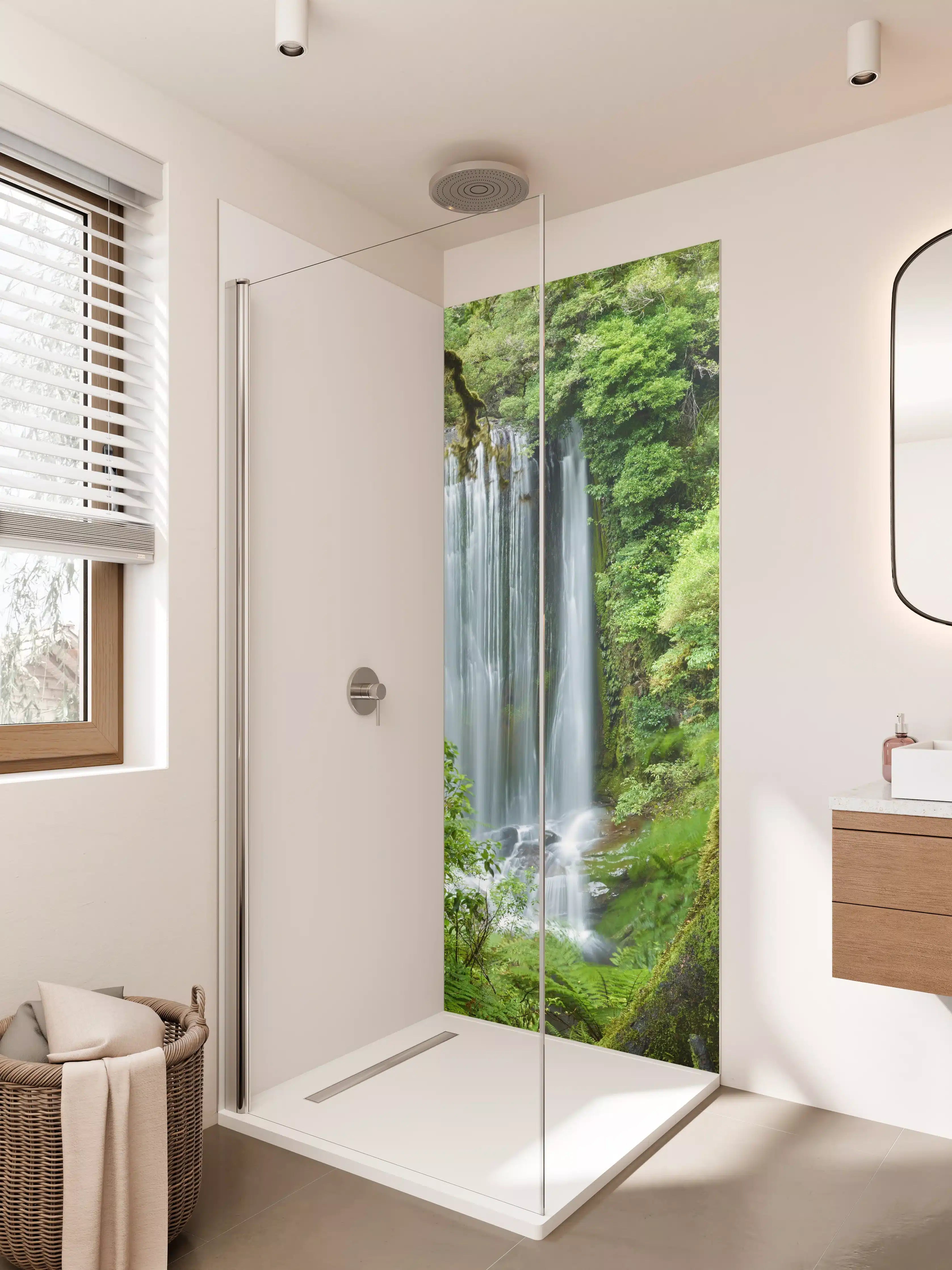Duschrückwand - Grüner Wasserfall inmitten des Waldes