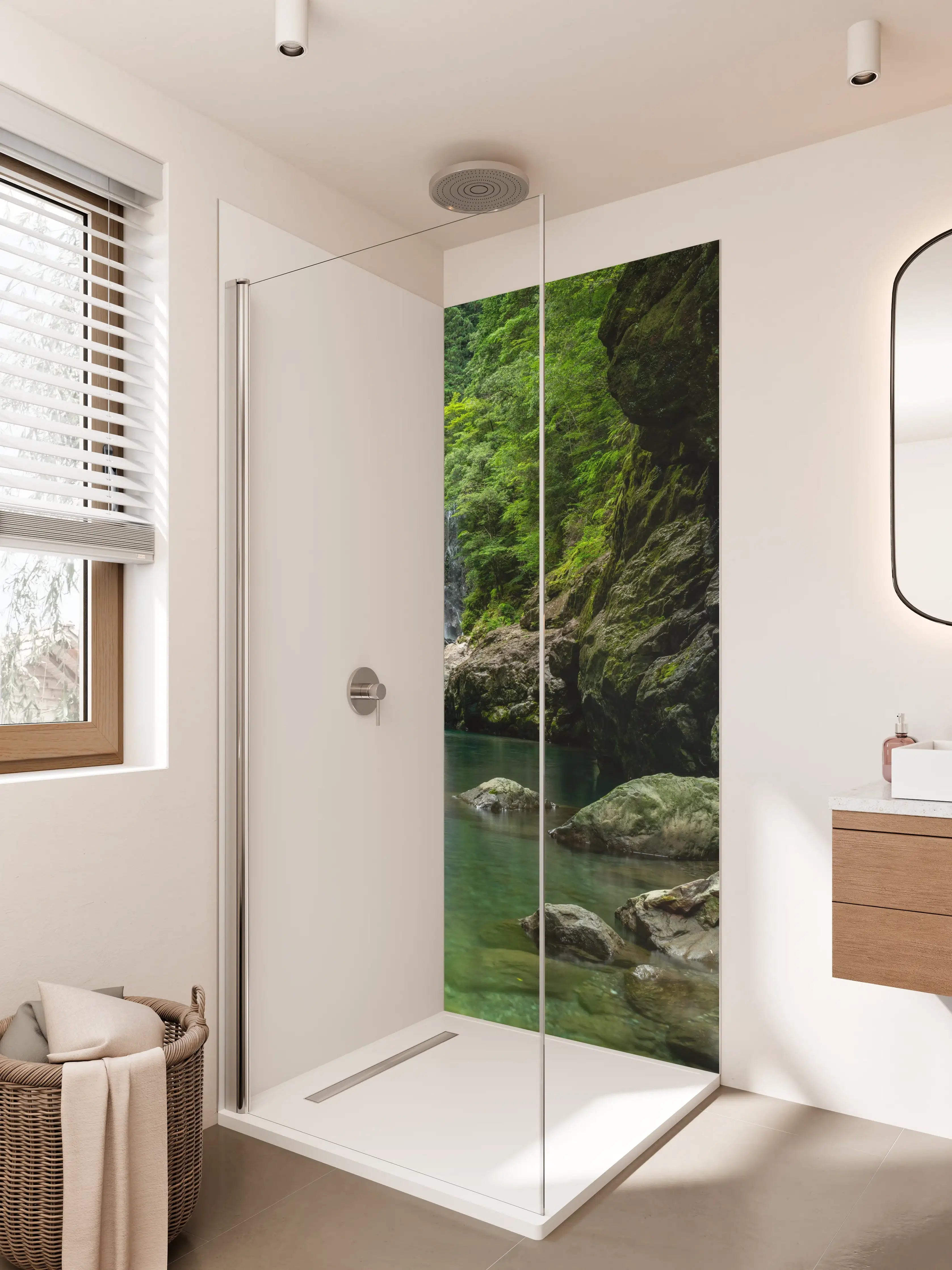 Duschrückwand - Grüner Wasserfall inmitten eines Dschungels