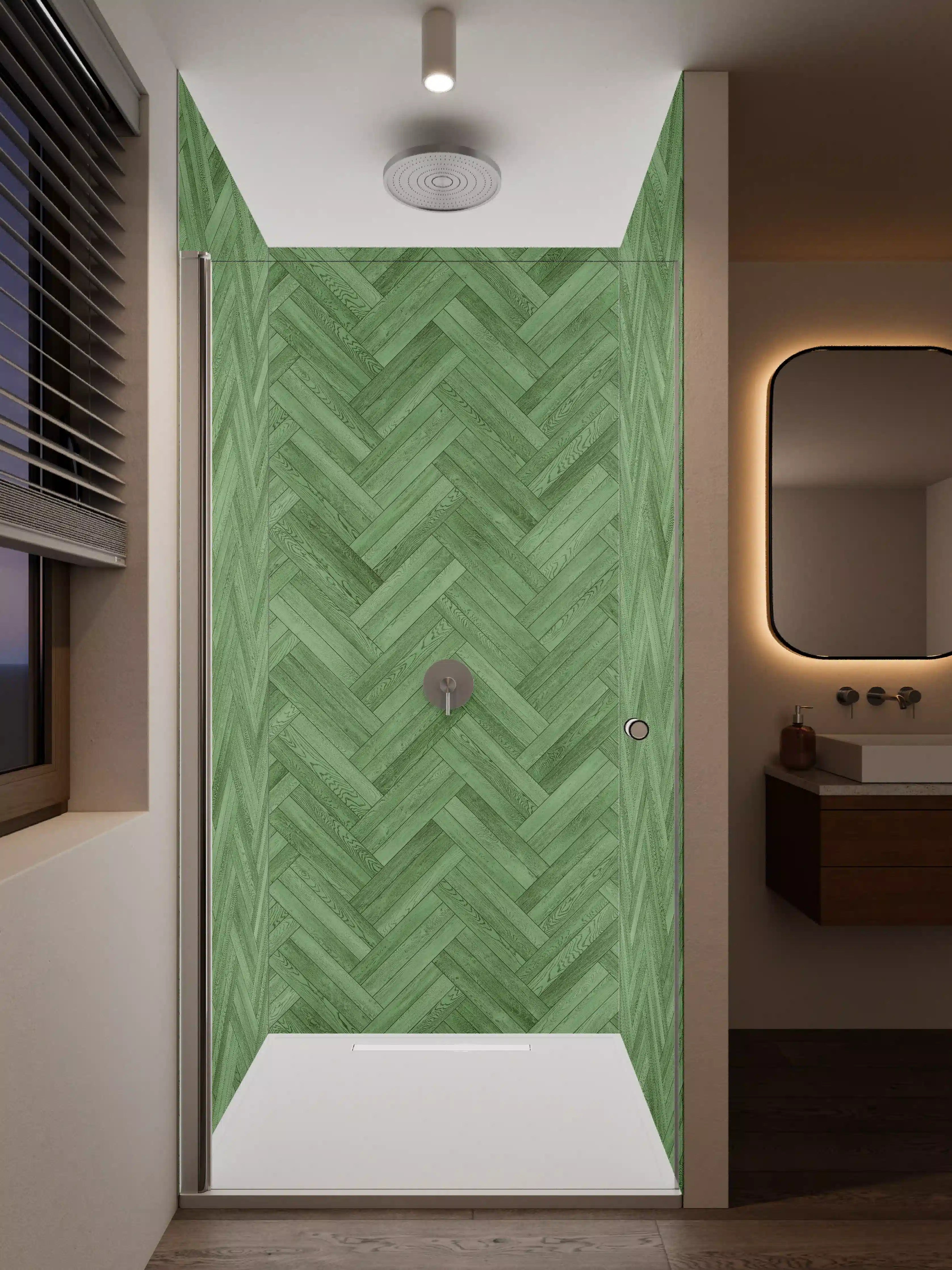 Duschrückwand - Grünes Holzdesign mit Zickzack-Muster