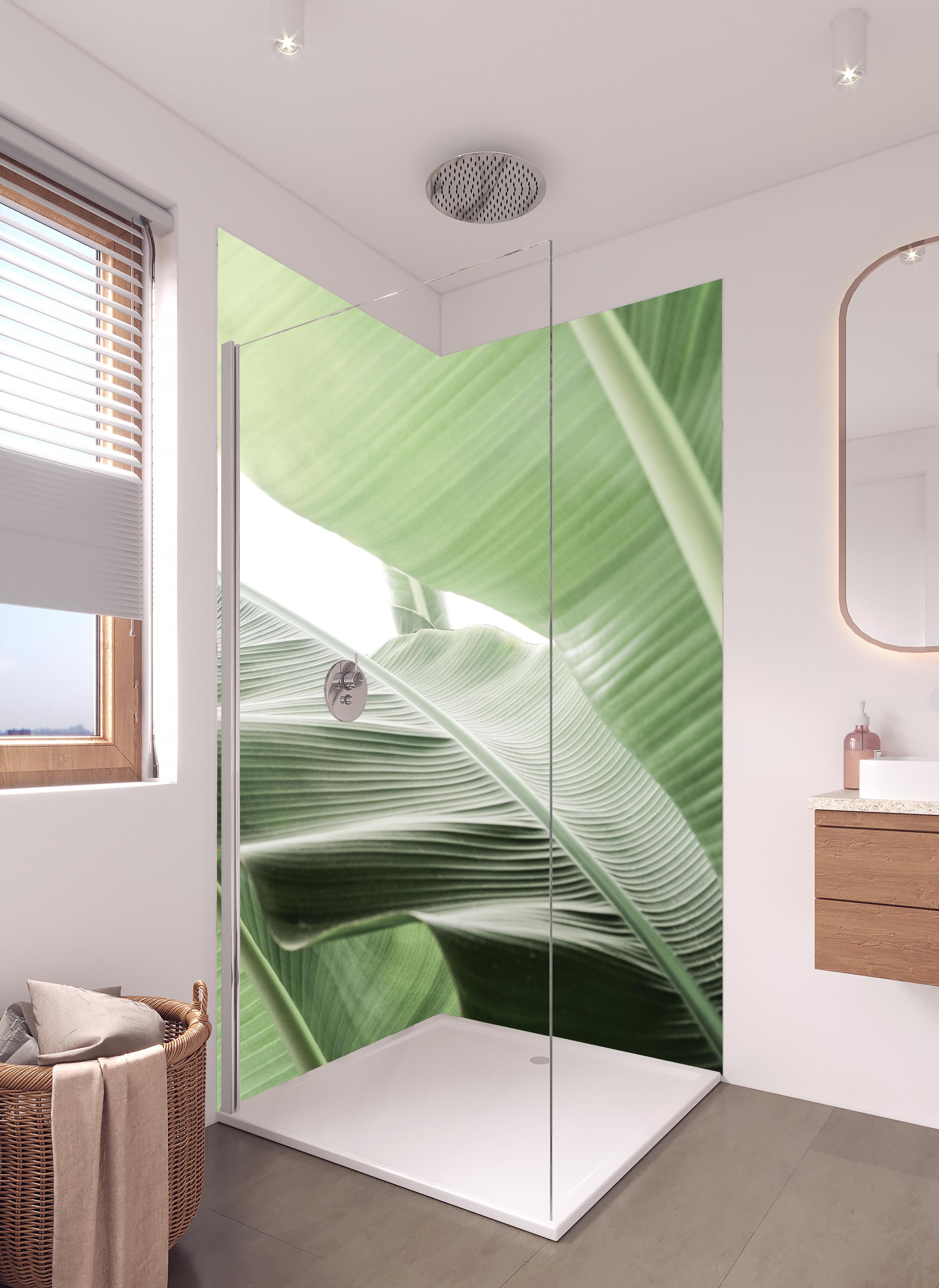 Duschrückwand - Grünes Palmenblatt Textur in Nahaufnahme in hellem Badezimmer mit Regenduschkopf - zweiteilige Eck-Duschrückwand