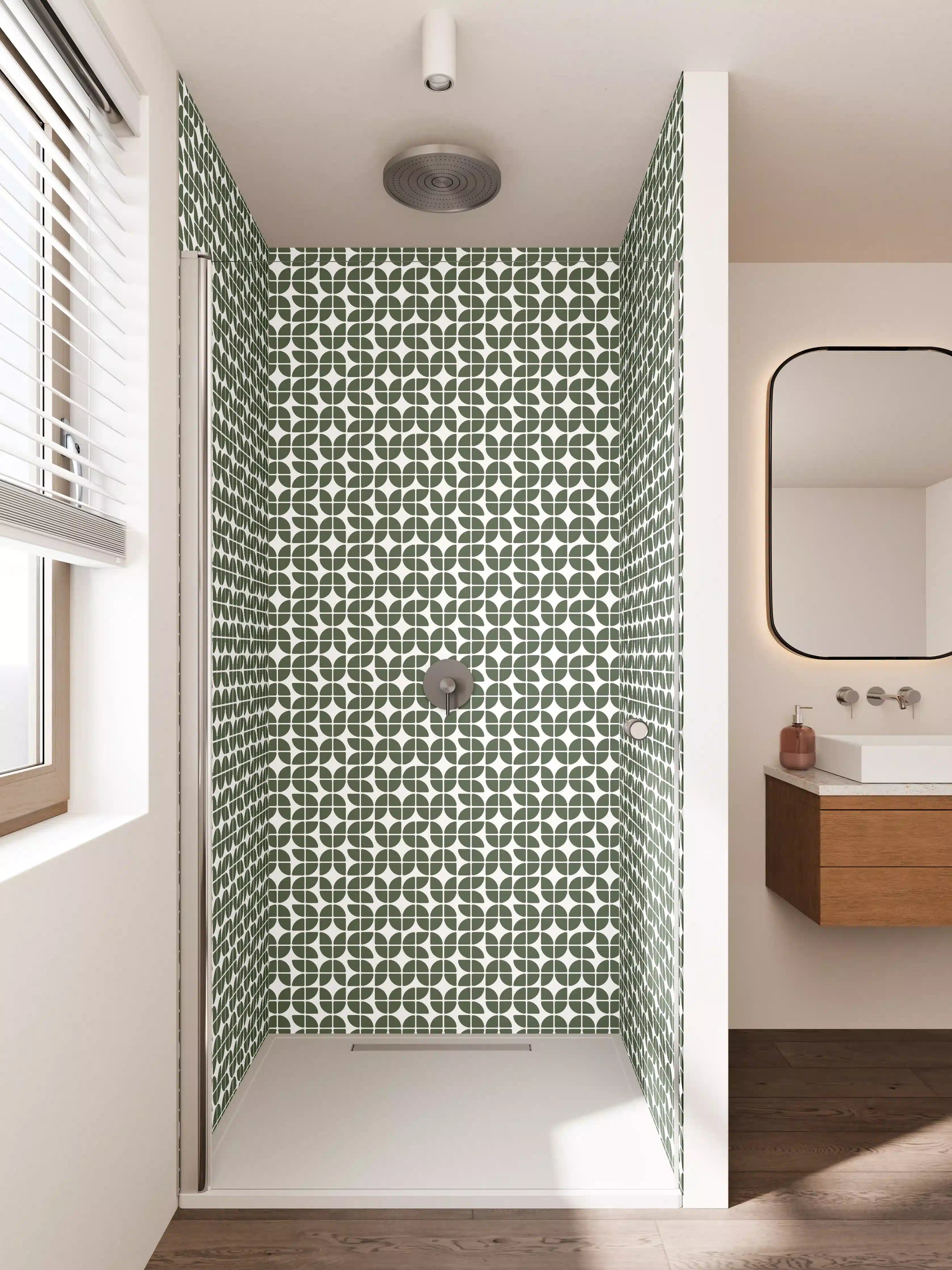 Duschrückwand - Grünes geometrisches Muster in floralem Design