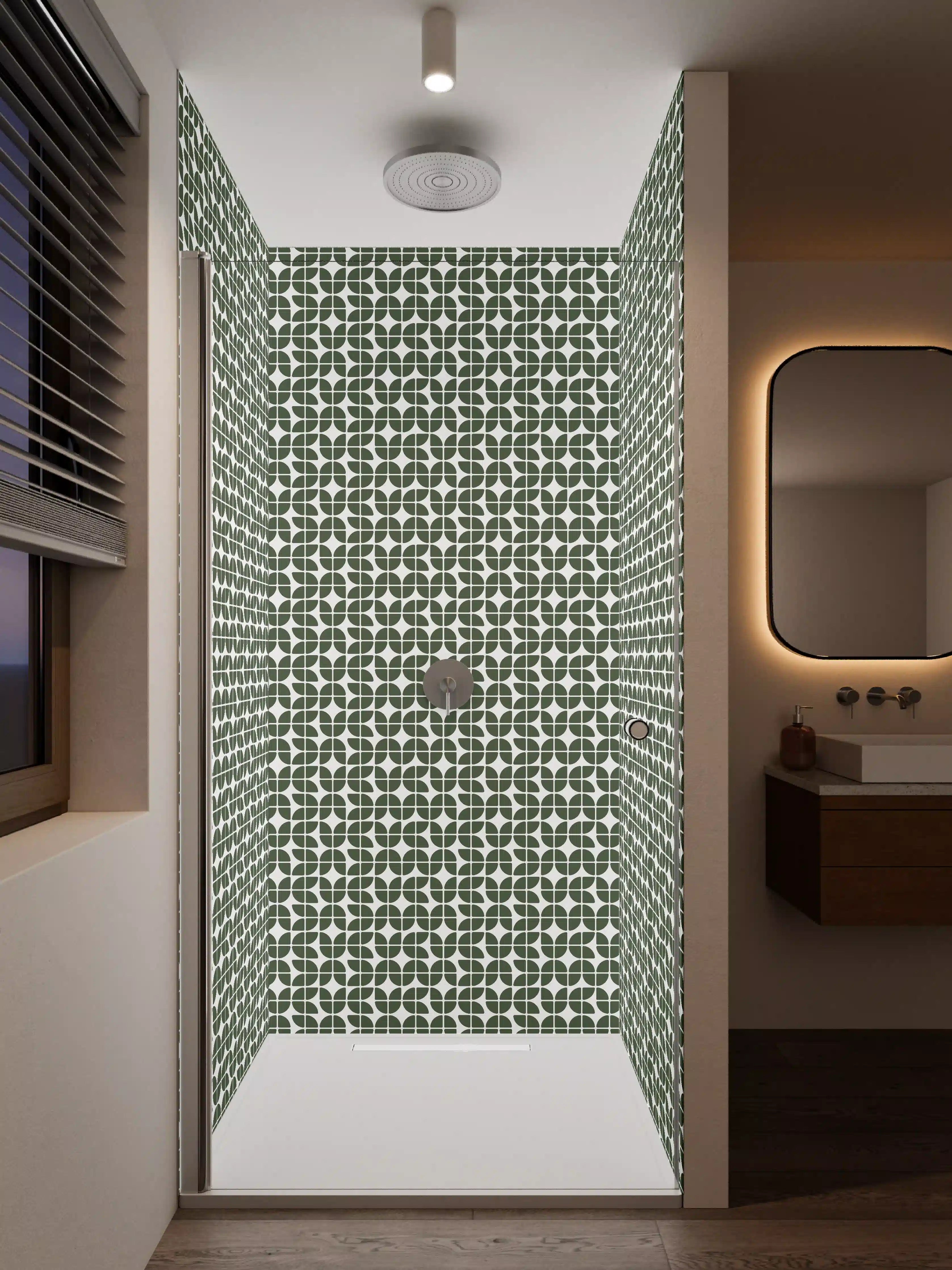 Duschrückwand - Grünes geometrisches Muster in floralem Design