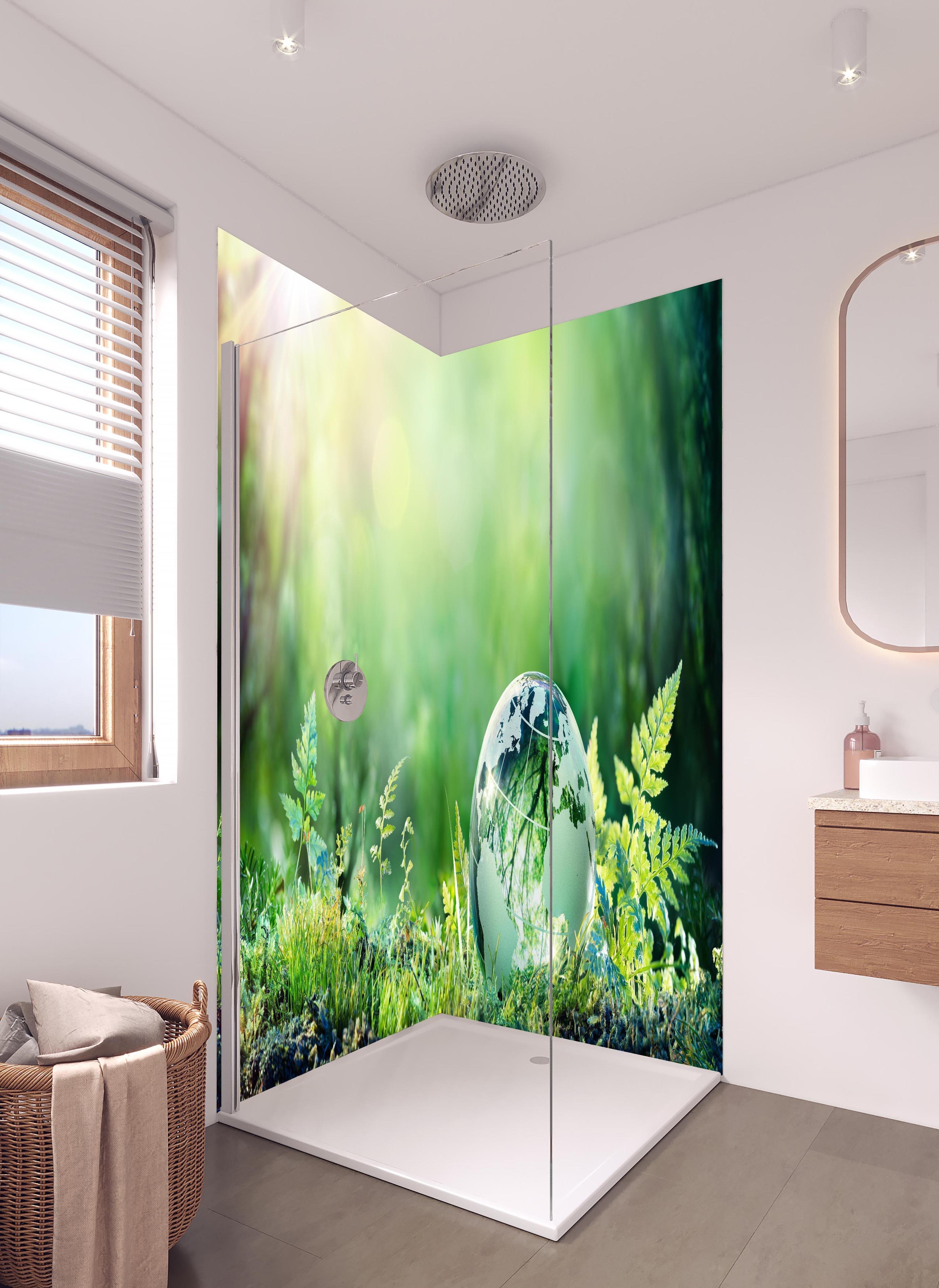 Duschrückwand - Grünlicher Globus im Wald in hellem Badezimmer mit Regenduschkopf - zweiteilige Eck-Duschrückwand