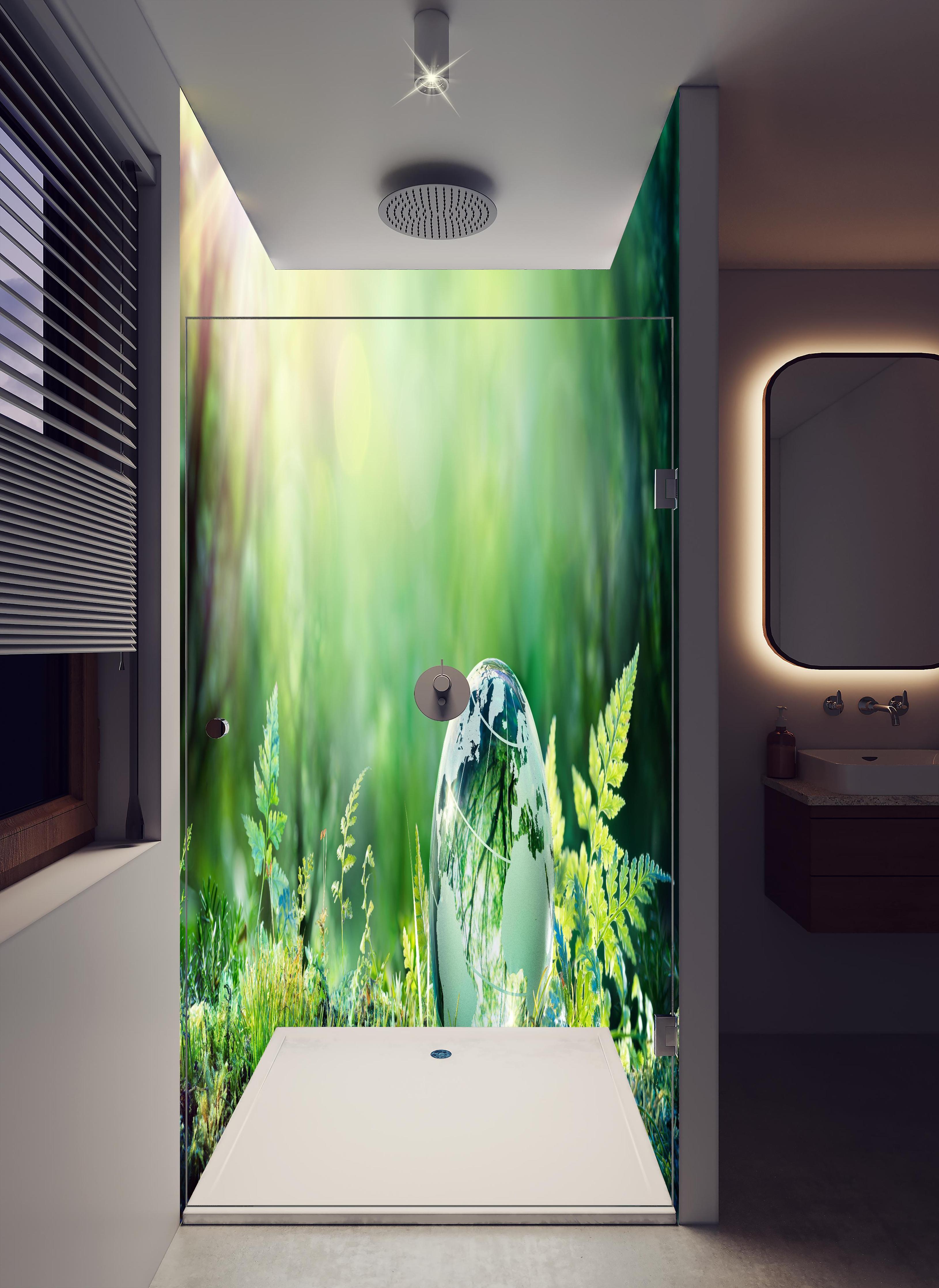 Duschrückwand - Grünlicher Globus im Wald in hellem Badezimmer mit Regenduschkopf - zweiteilige Eck-Duschrückwand