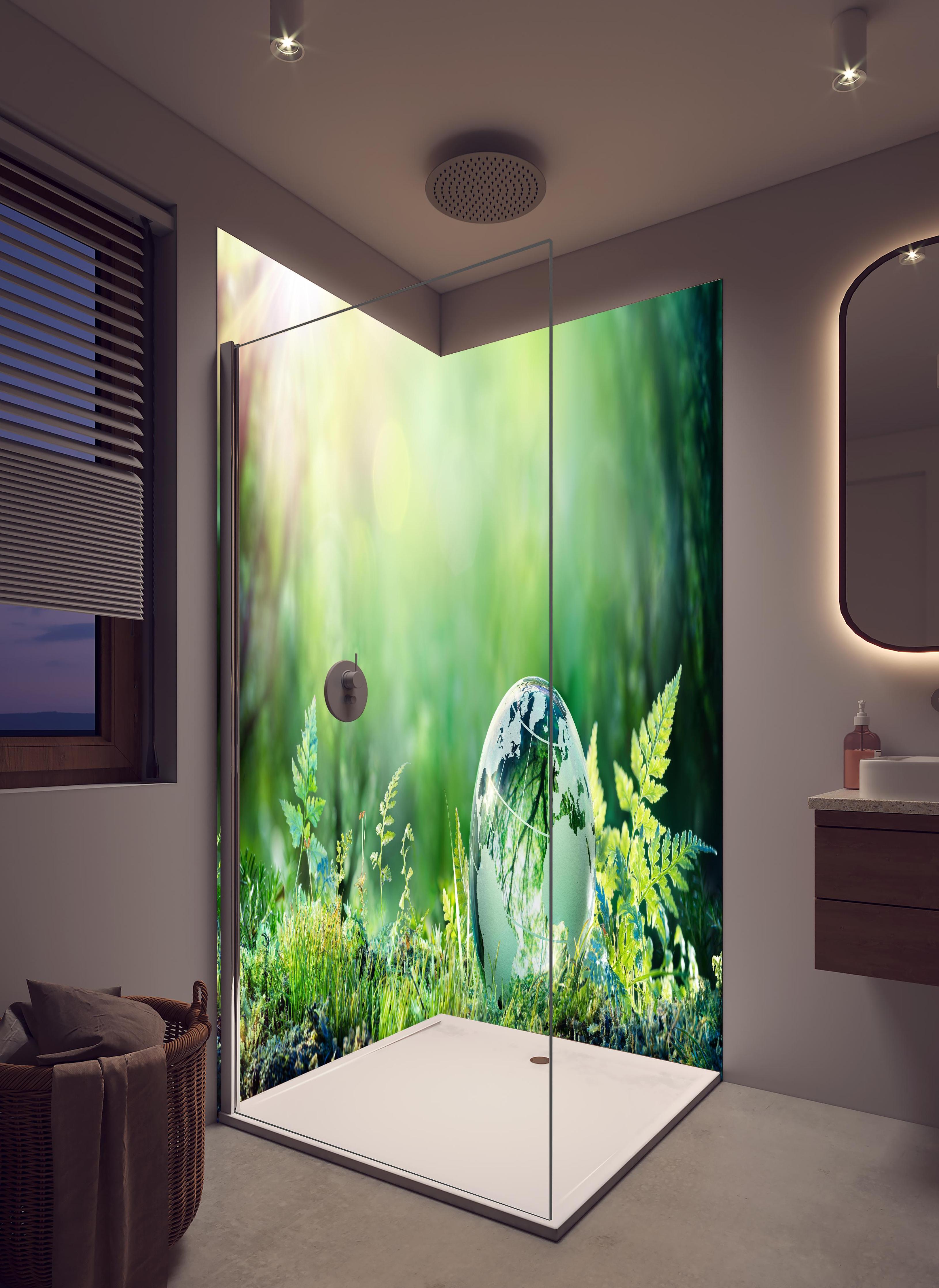 Duschrückwand - Grünlicher Globus im Wald in hellem Badezimmer mit Regenduschkopf - zweiteilige Eck-Duschrückwand
