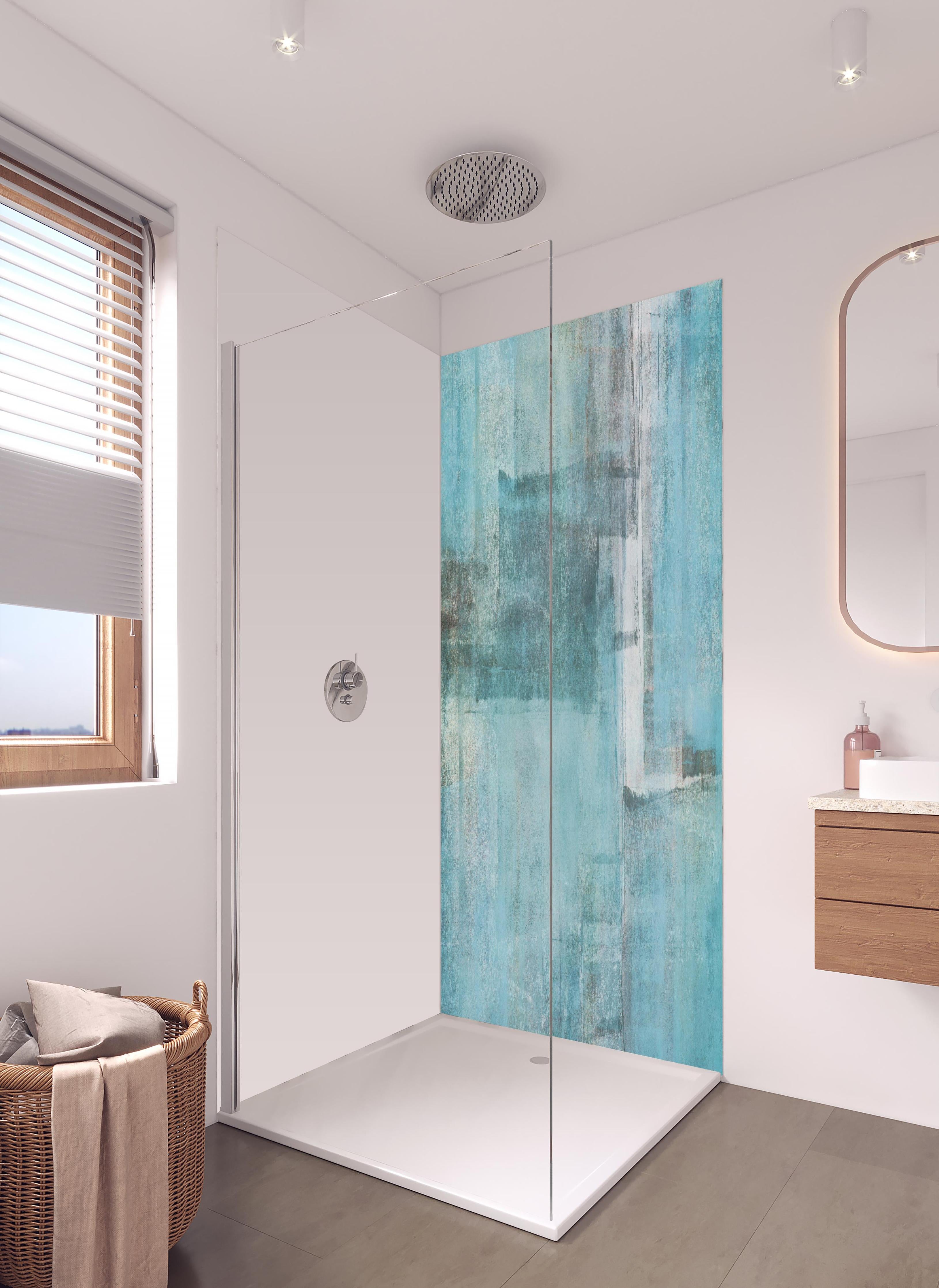 Duschrückwand - Grungy Abstract Hintergrund in Blau-Tönen in hellem Badezimmer mit Regenduschkopf - zweiteilige Eck-Duschrückwand