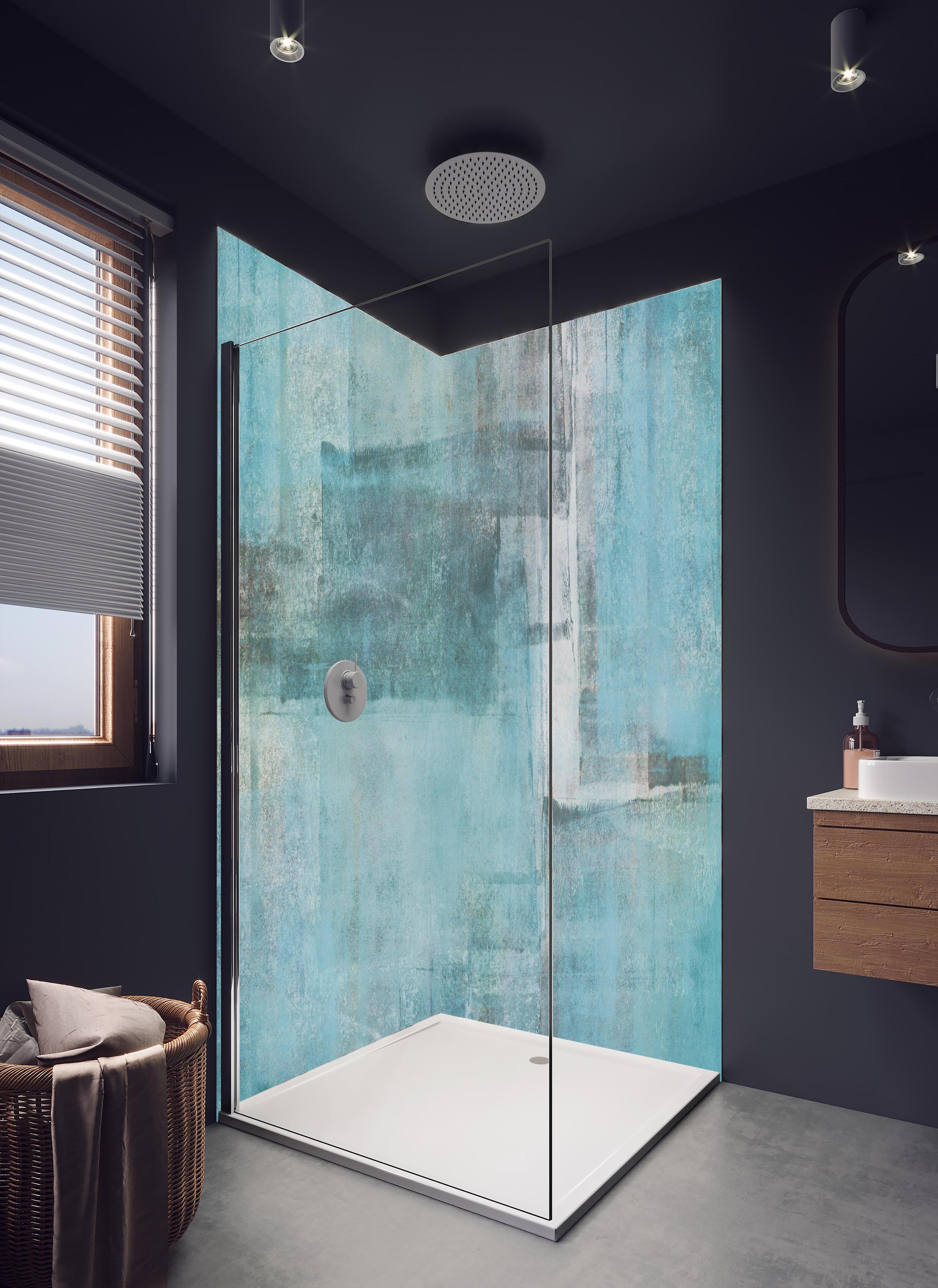 Duschrückwand - Grungy Abstract Hintergrund in Blau-Tönen in hellem Badezimmer mit Regenduschkopf - zweiteilige Eck-Duschrückwand