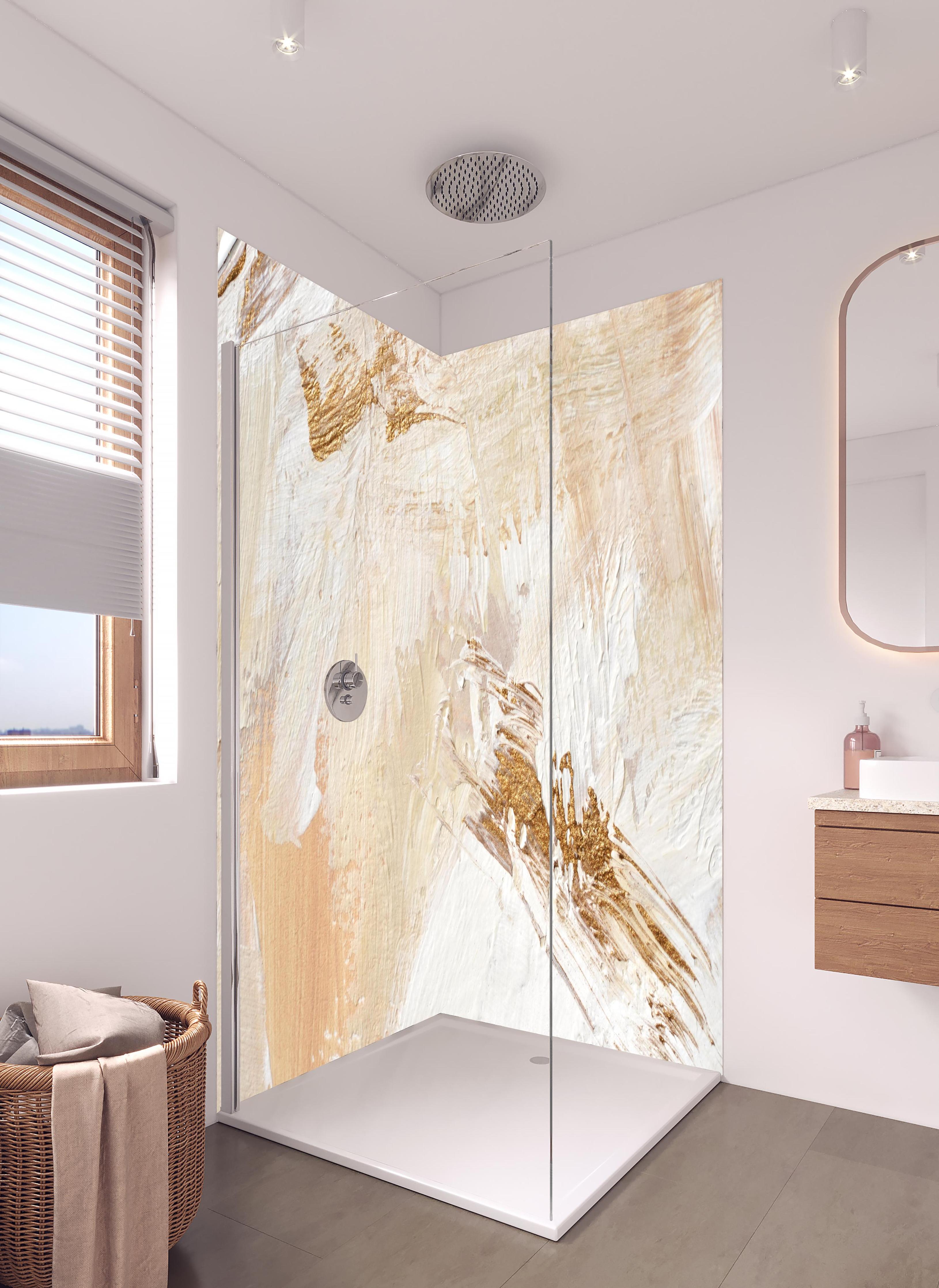 Duschrückwand - Handgemalter Hintergrund - Abstrakt in hellem Badezimmer mit Regenduschkopf - zweiteilige Eck-Duschrückwand