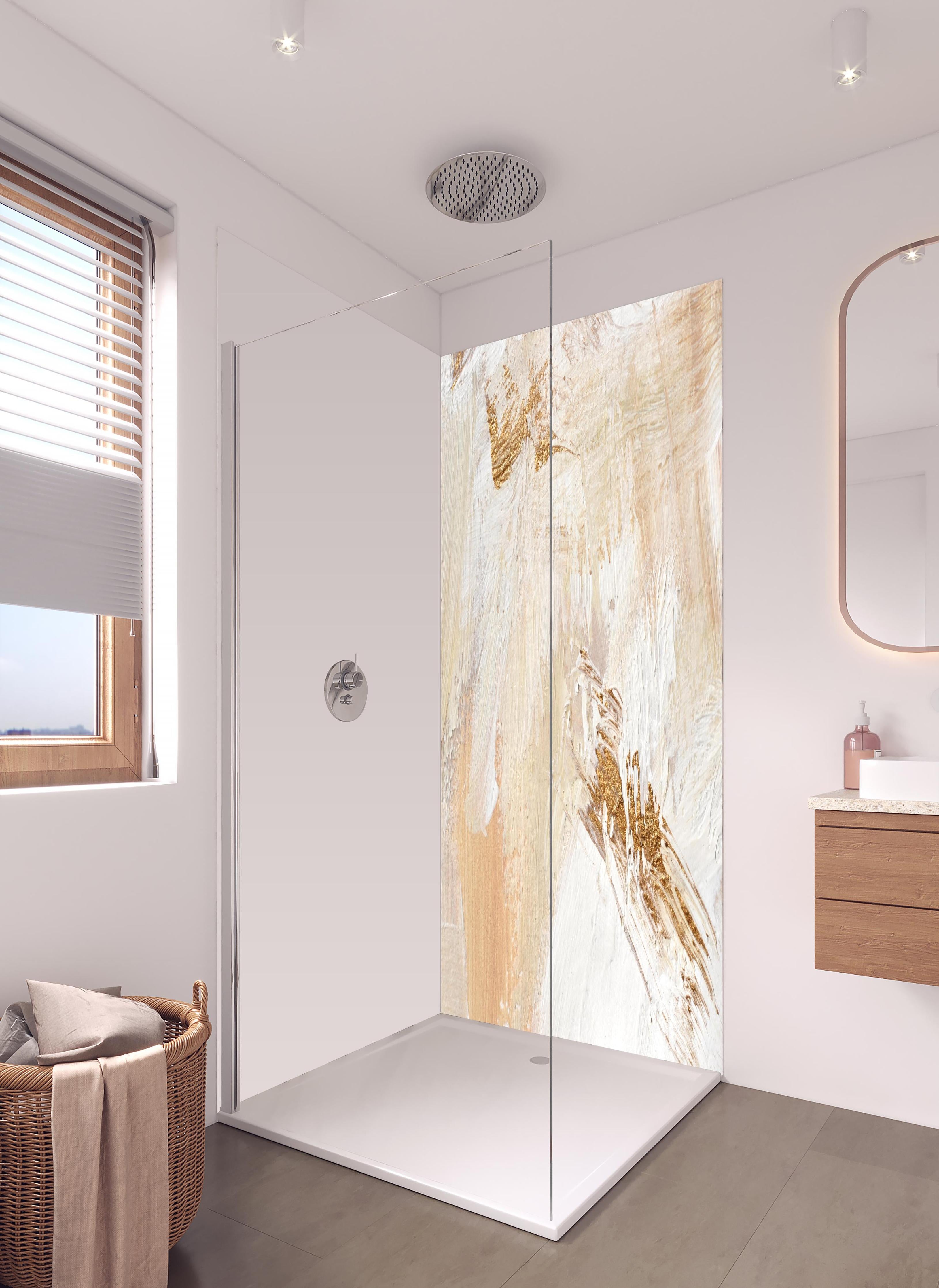 Duschrückwand - Handgemalter Hintergrund - Abstrakt in hellem Badezimmer mit Regenduschkopf - zweiteilige Eck-Duschrückwand