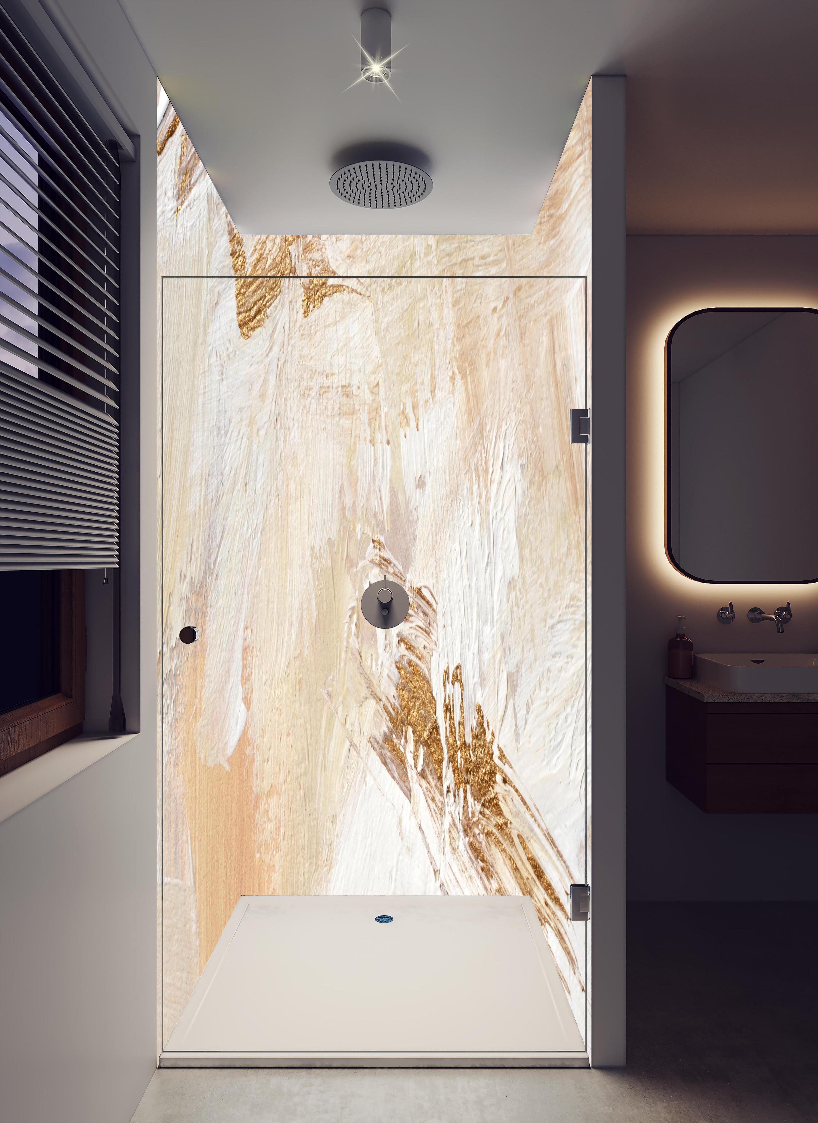 Duschrückwand - Handgemalter Hintergrund - Abstrakt in hellem Badezimmer mit Regenduschkopf - zweiteilige Eck-Duschrückwand