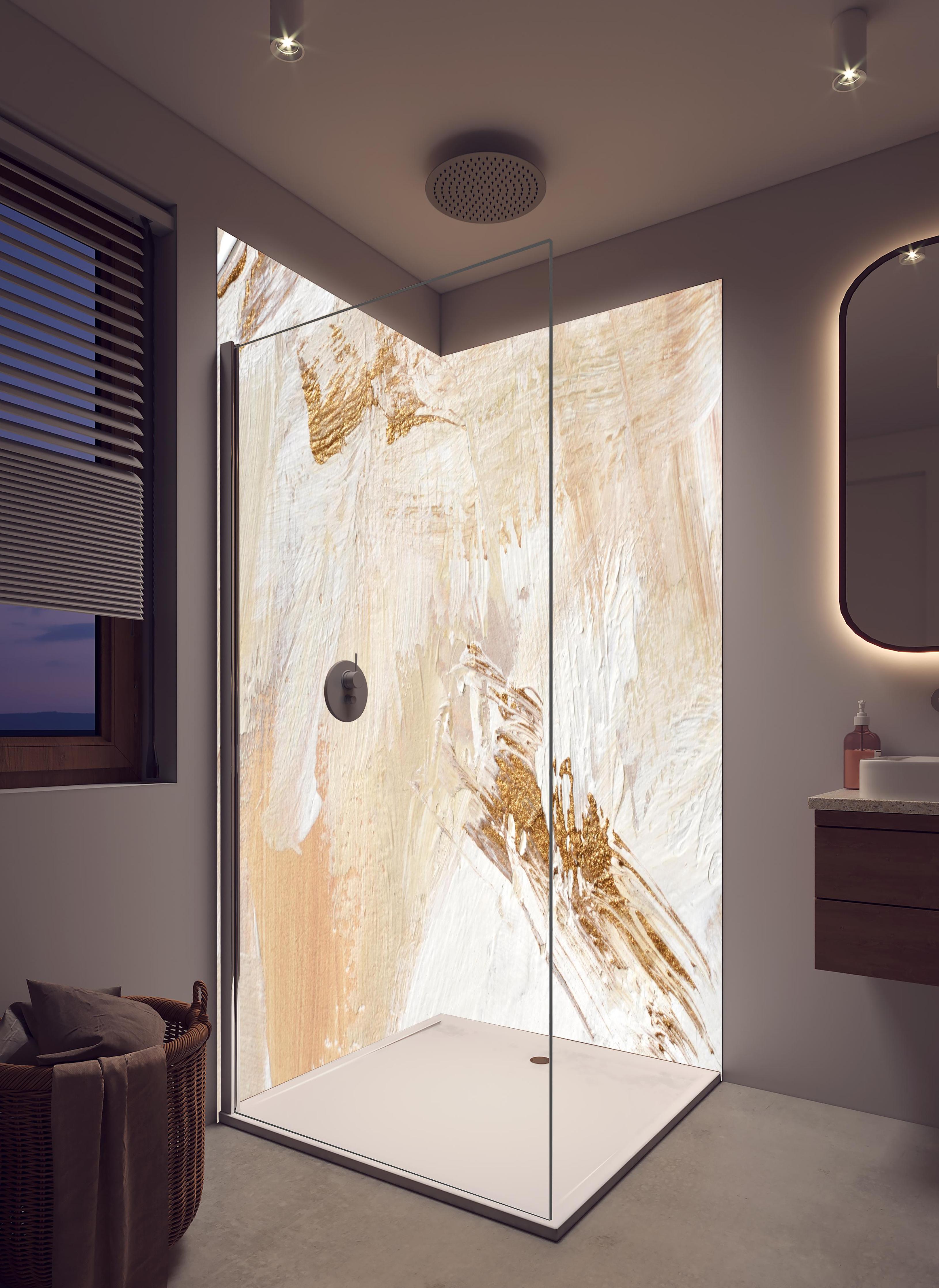 Duschrückwand - Handgemalter Hintergrund - Abstrakt in hellem Badezimmer mit Regenduschkopf - zweiteilige Eck-Duschrückwand