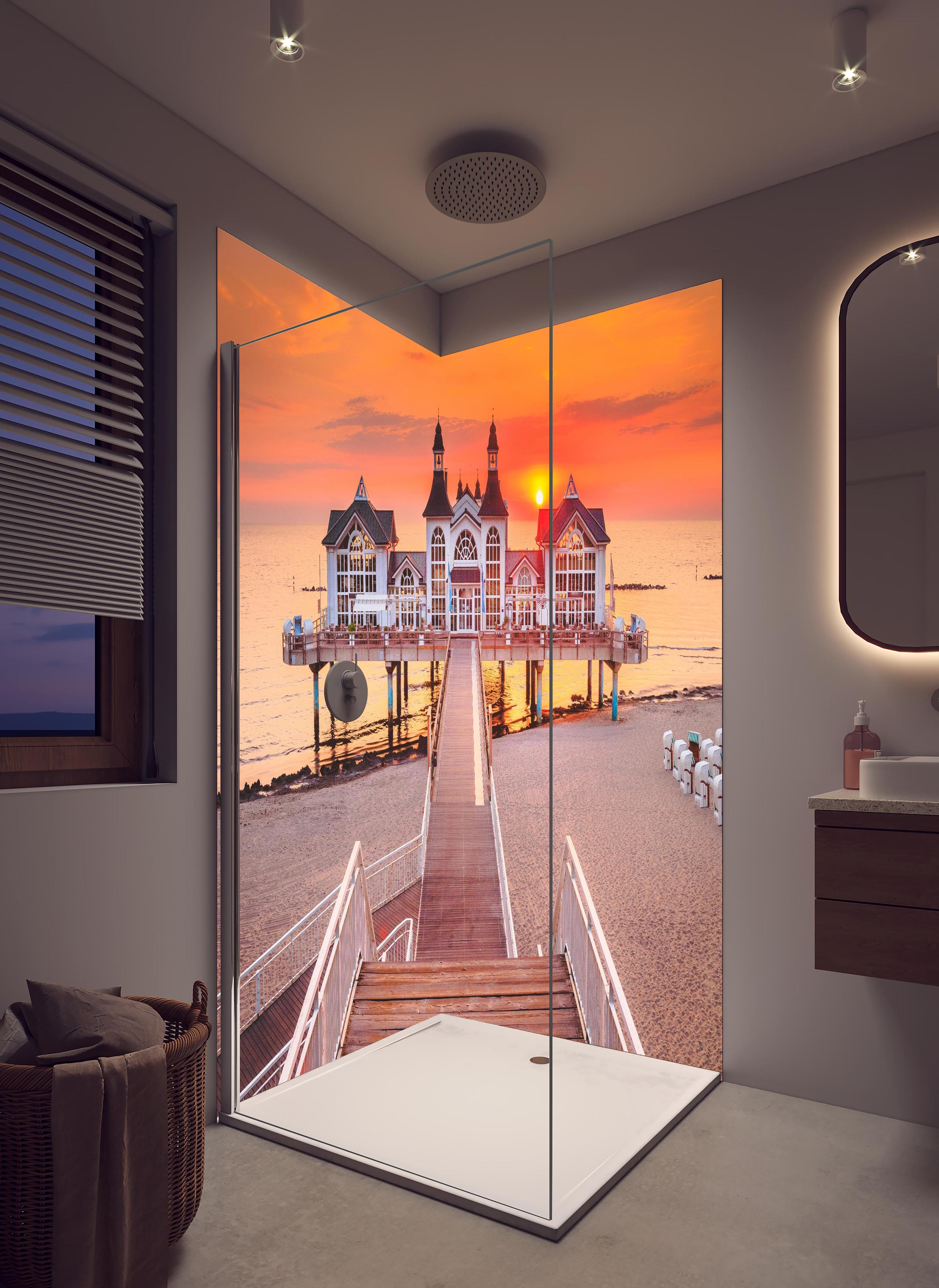 Duschrückwand - Haus auf Wasser bei Sonnenaufgang in hellem Badezimmer mit Regenduschkopf - zweiteilige Eck-Duschrückwand