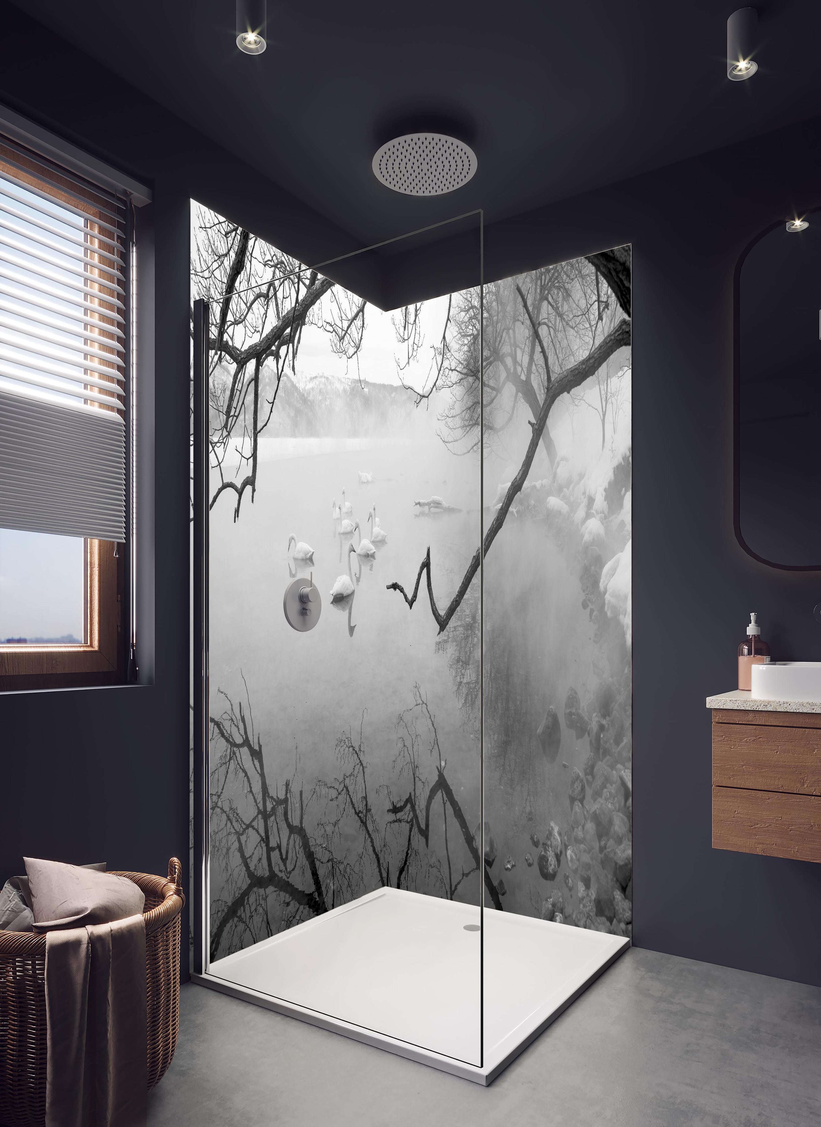 Duschrückwand - Heiße Quelle mit Schwänen in hellem Badezimmer mit Regenduschkopf - zweiteilige Eck-Duschrückwand