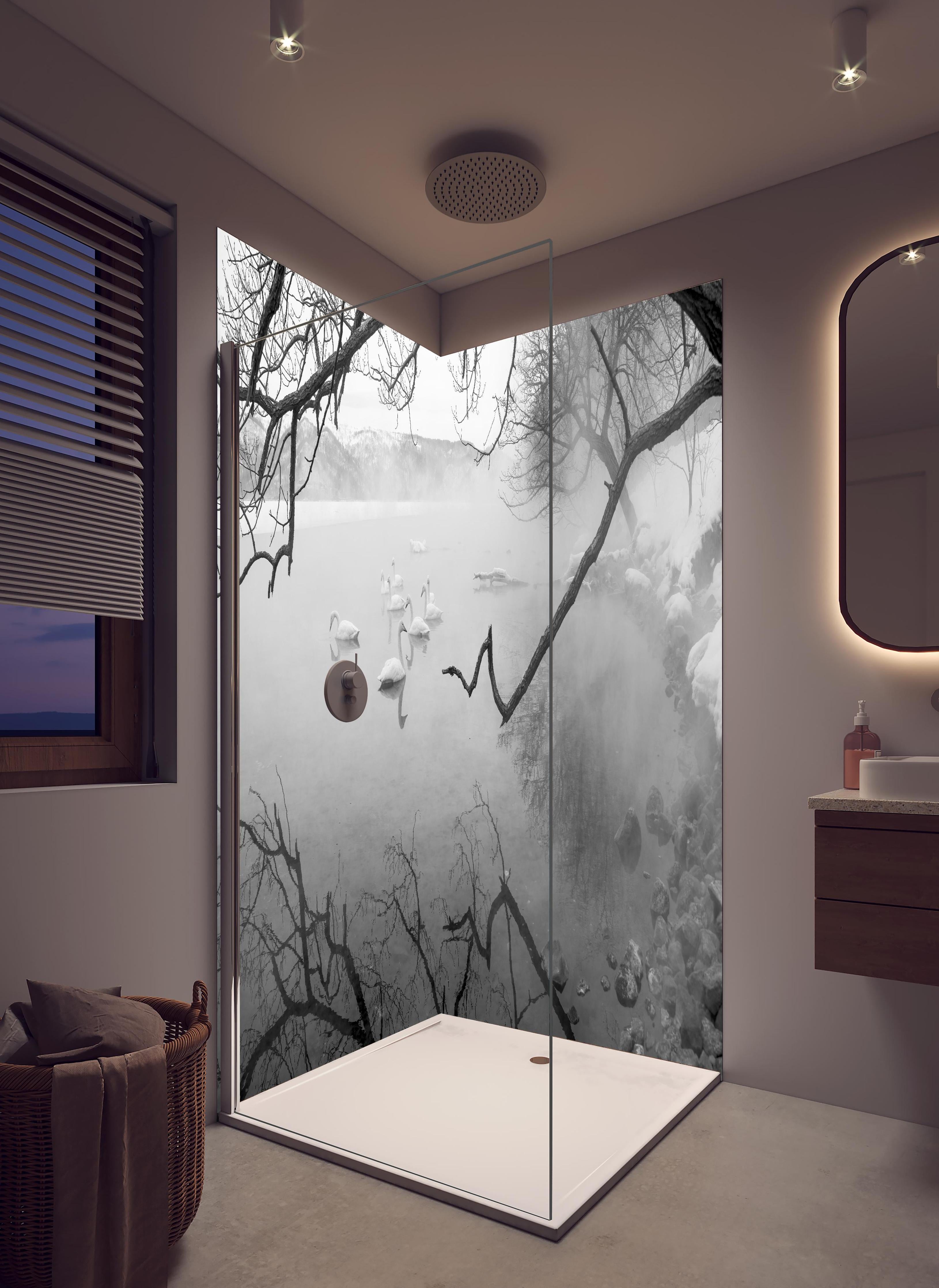 Duschrückwand - Heiße Quelle mit Schwänen in hellem Badezimmer mit Regenduschkopf - zweiteilige Eck-Duschrückwand