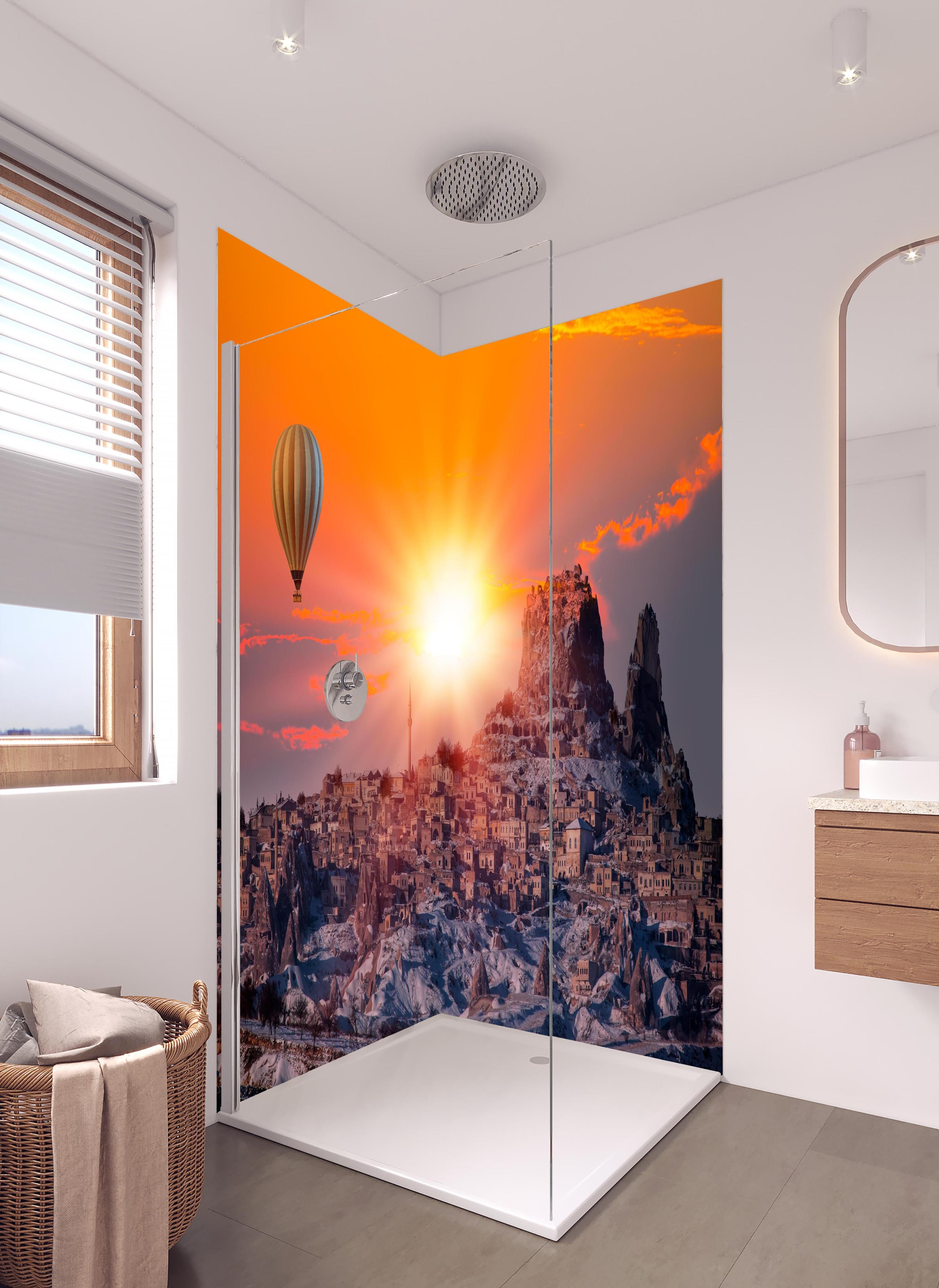 Duschrückwand - Heißluftballon bei Abendstunden in Kappadokien in hellem Badezimmer mit Regenduschkopf - zweiteilige Eck-Duschrückwand