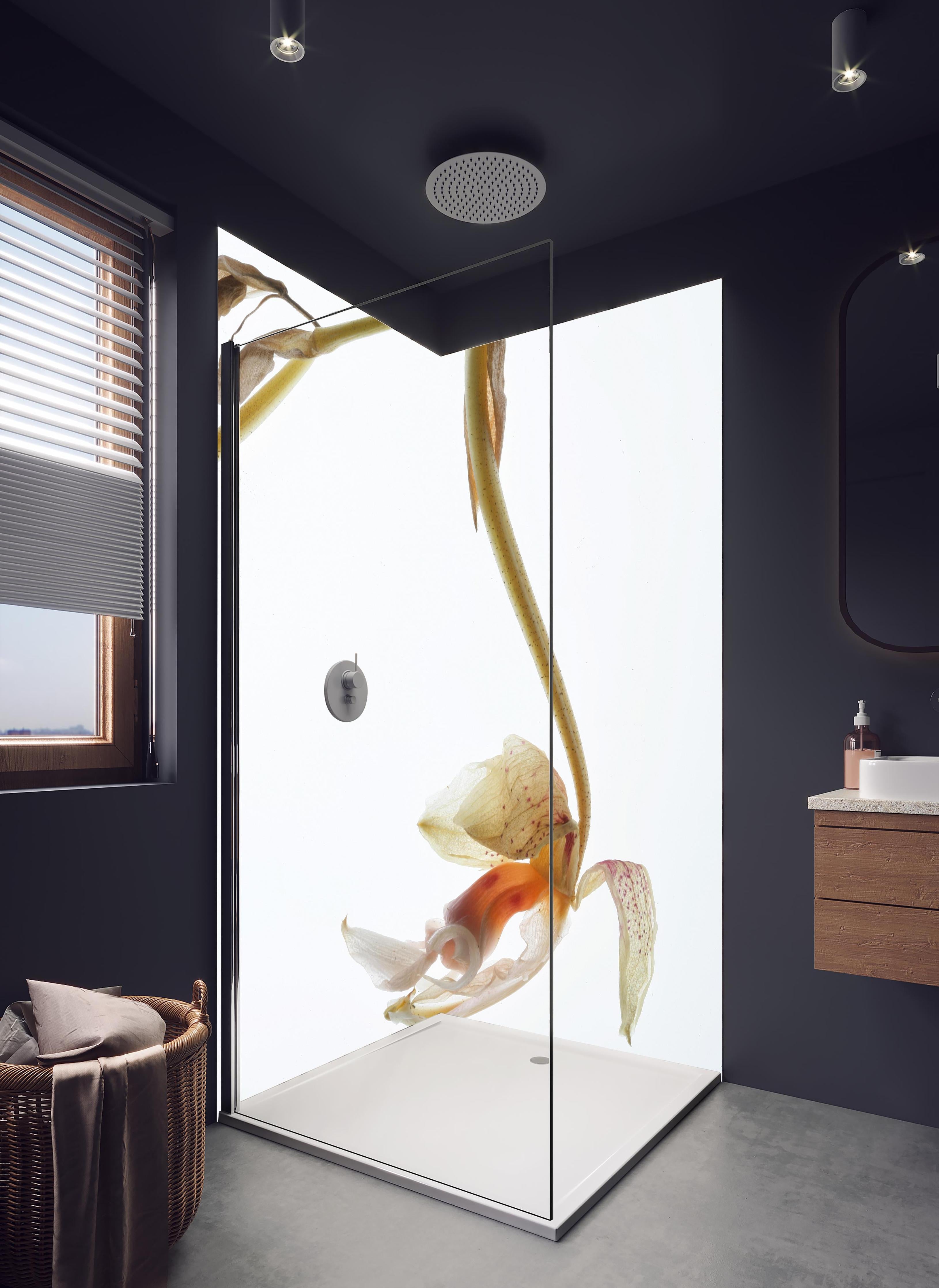 Duschrückwand - Helle Blume - Nahaufnahme in hellem Badezimmer mit Regenduschkopf - zweiteilige Eck-Duschrückwand