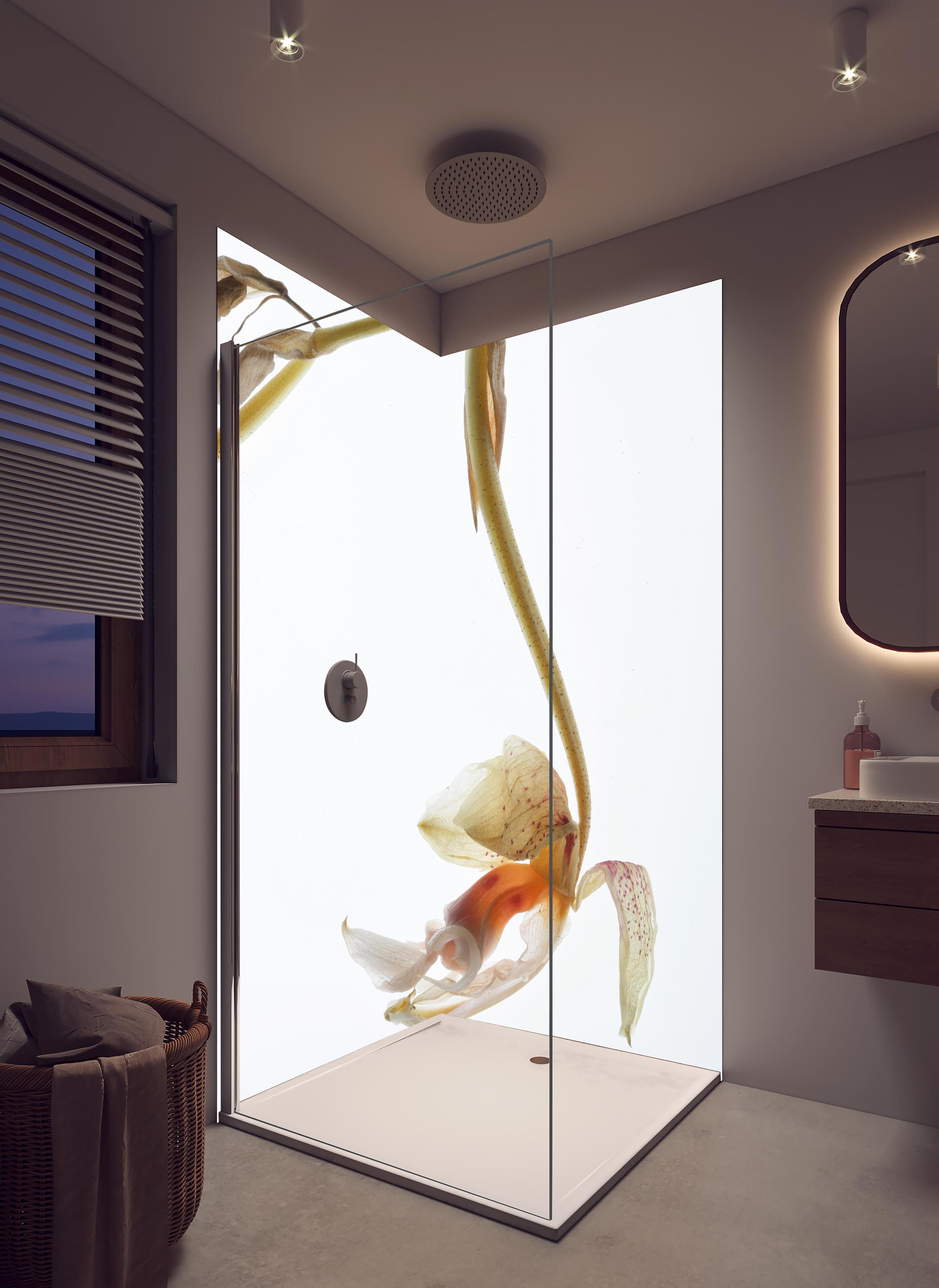 Duschrückwand - Helle Blume - Nahaufnahme in hellem Badezimmer mit Regenduschkopf - zweiteilige Eck-Duschrückwand