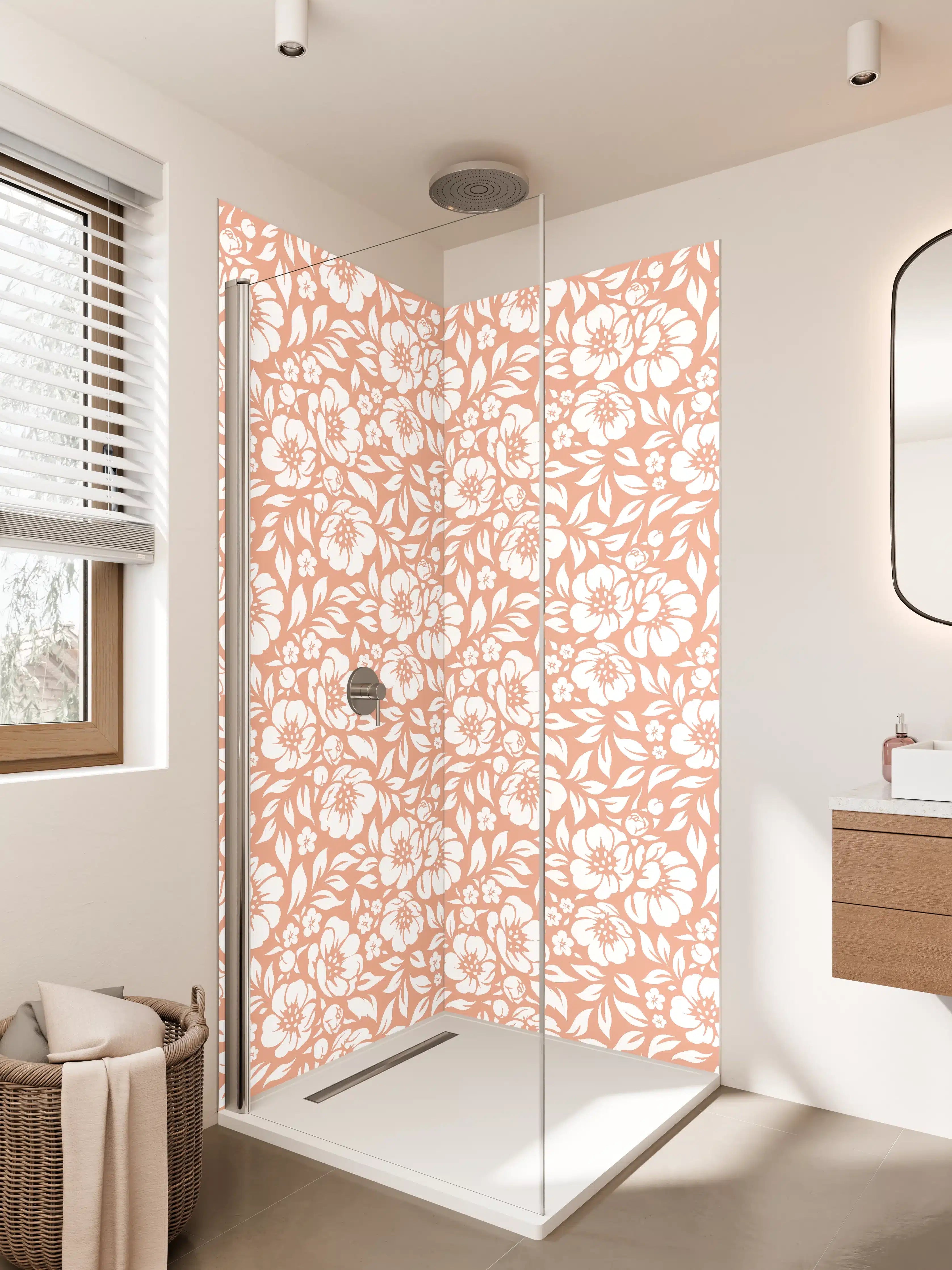 Duschrückwand - Helle Blumenmuster mit Weiß auf beigem Hintergrund