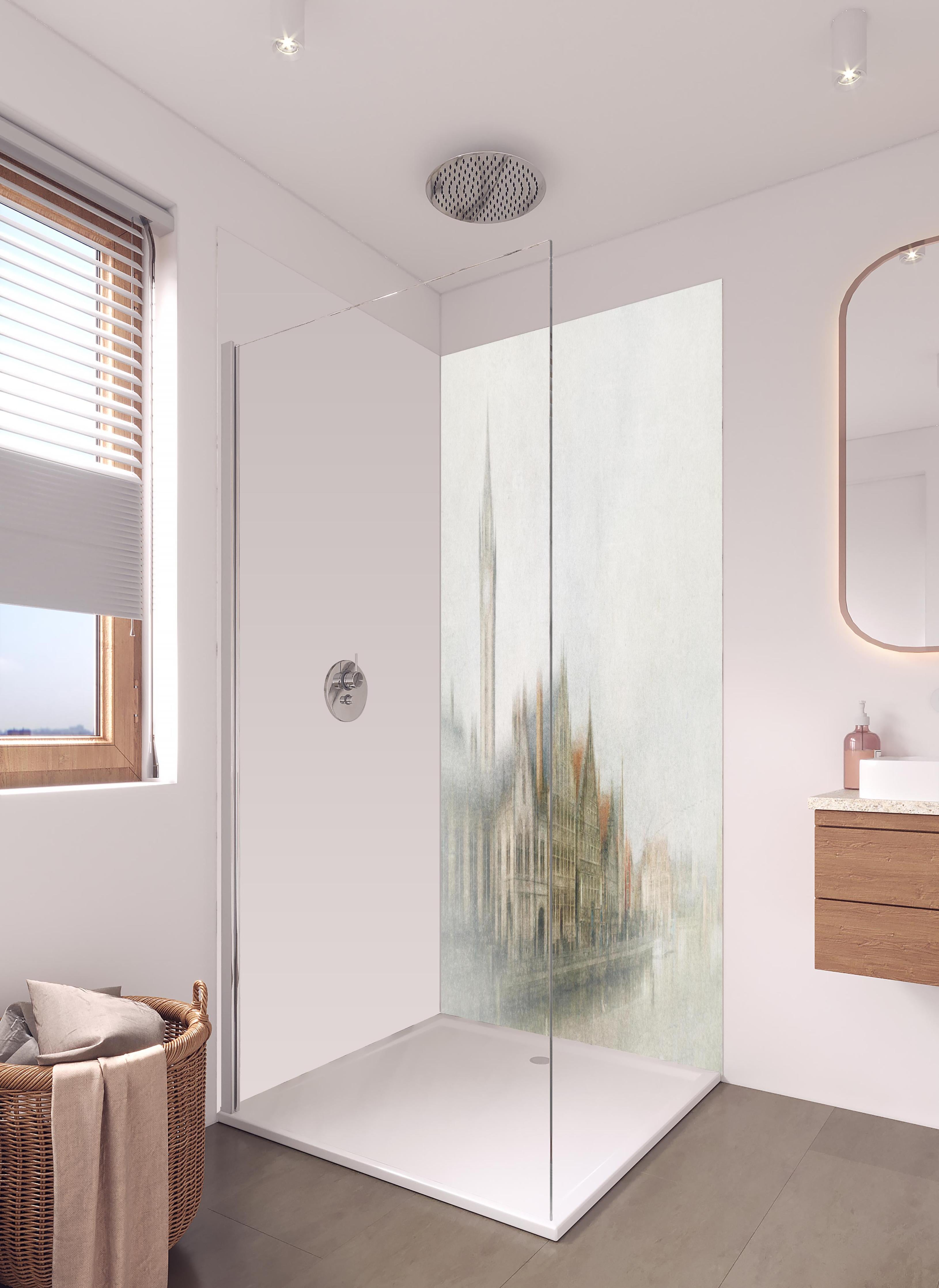 Duschrückwand - Helle Gent Architektur Reflektion in hellem Badezimmer mit Regenduschkopf - zweiteilige Eck-Duschrückwand