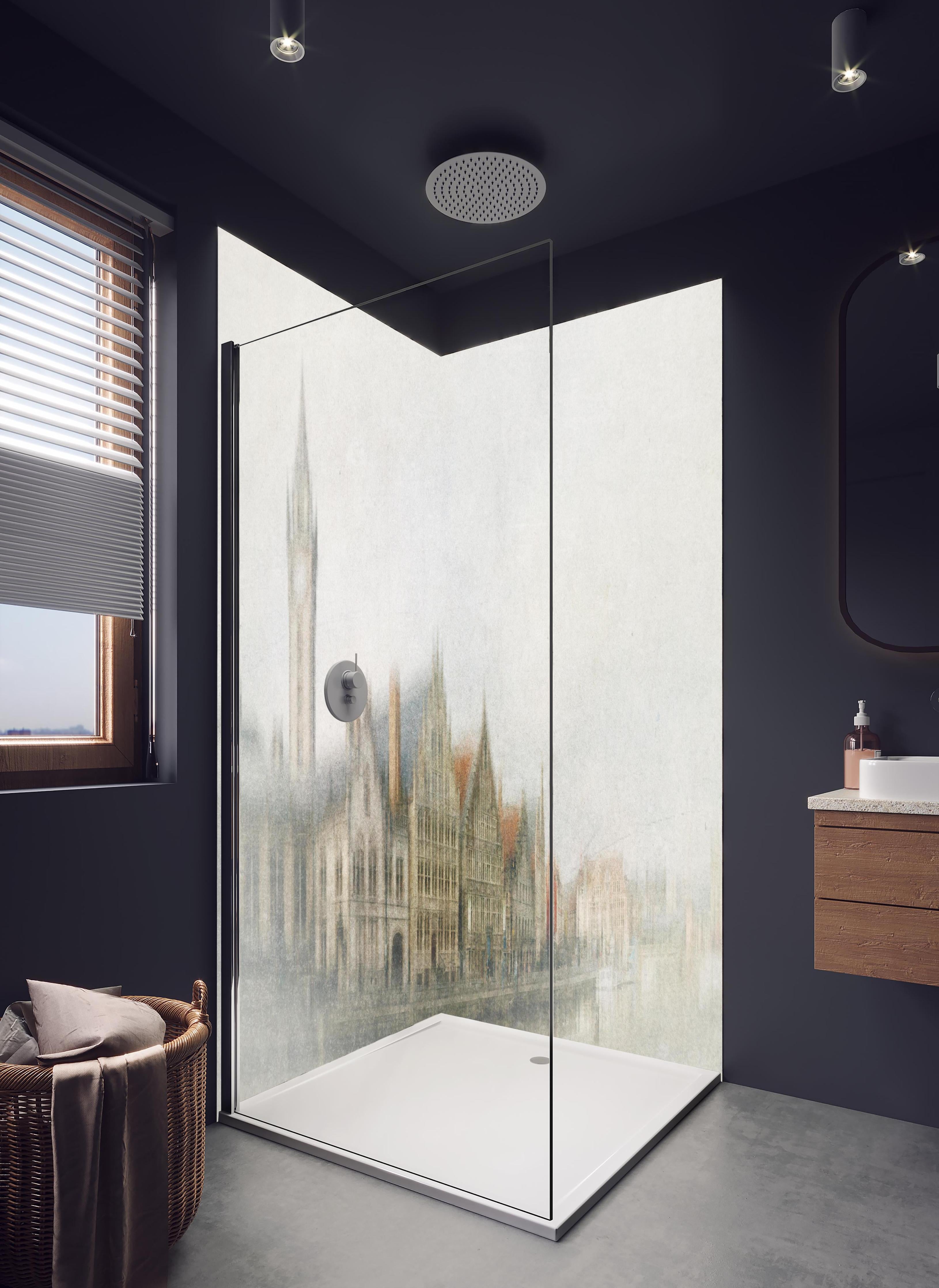 Duschrückwand - Helle Gent Architektur Reflektion in hellem Badezimmer mit Regenduschkopf - zweiteilige Eck-Duschrückwand