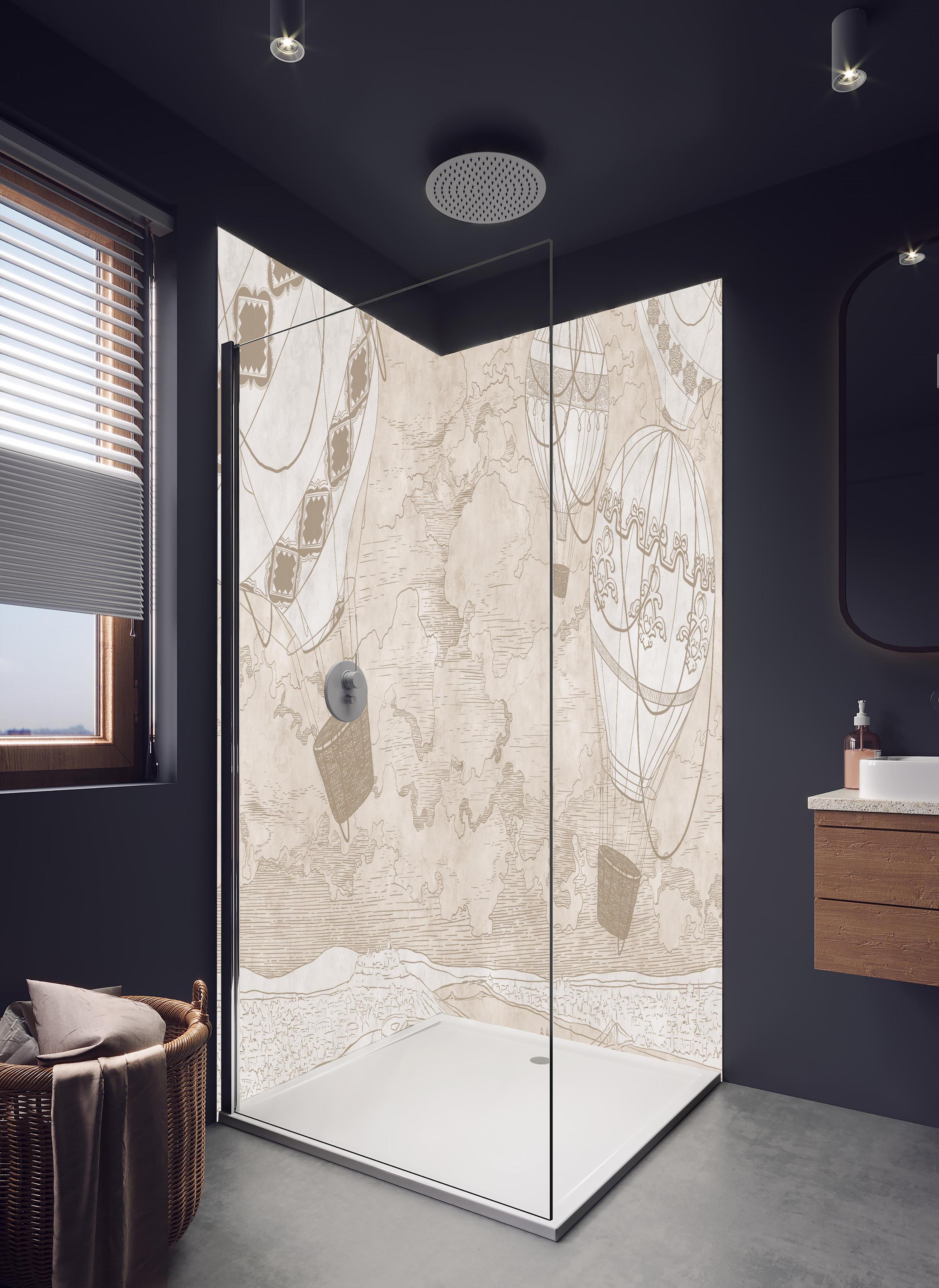 Duschrückwand - Helle Luftballon Zeichnung in hellem Badezimmer mit Regenduschkopf - zweiteilige Eck-Duschrückwand