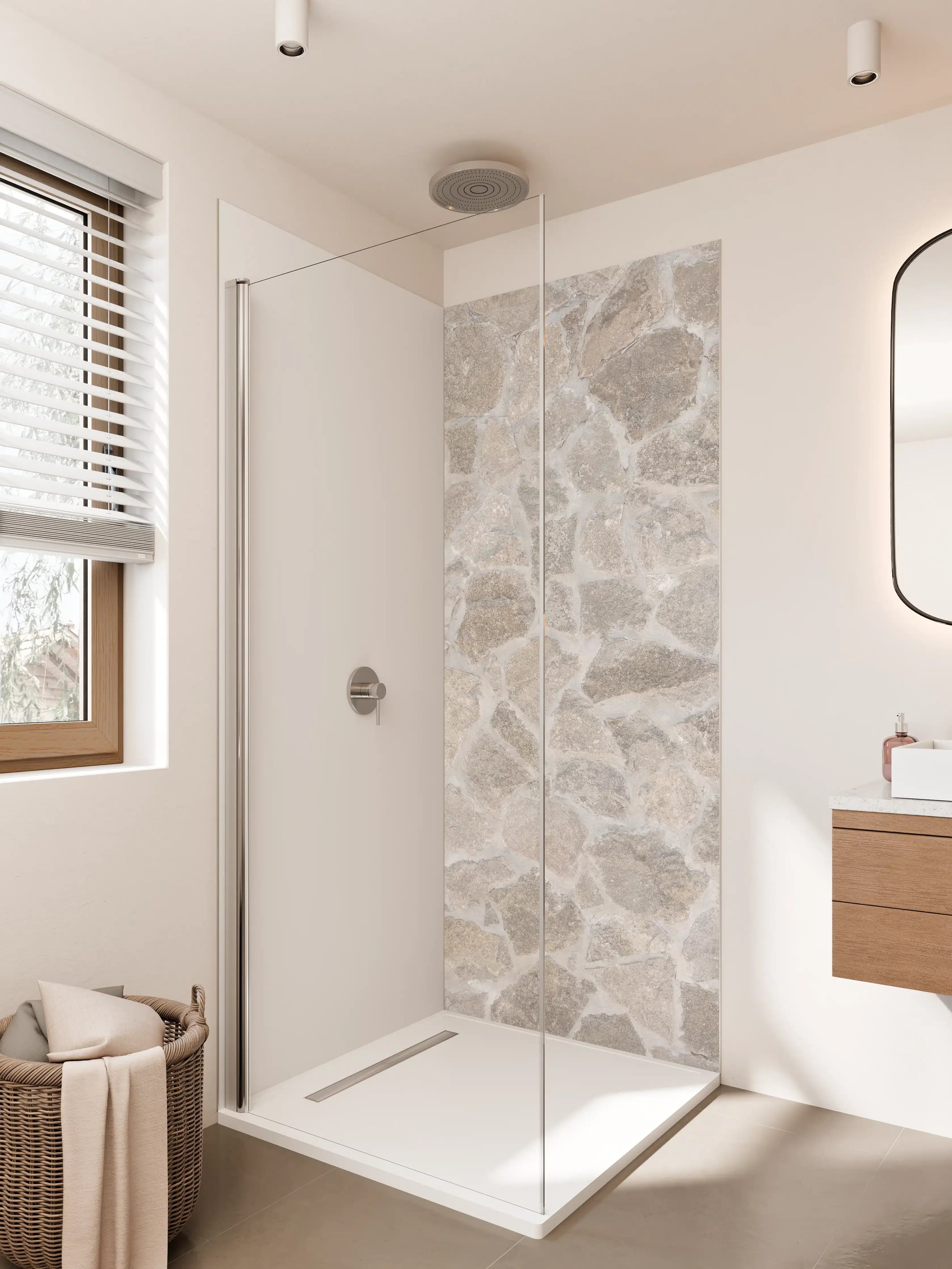 Duschrückwand - Helle Marmor-Optik mit warmen Beigetönen