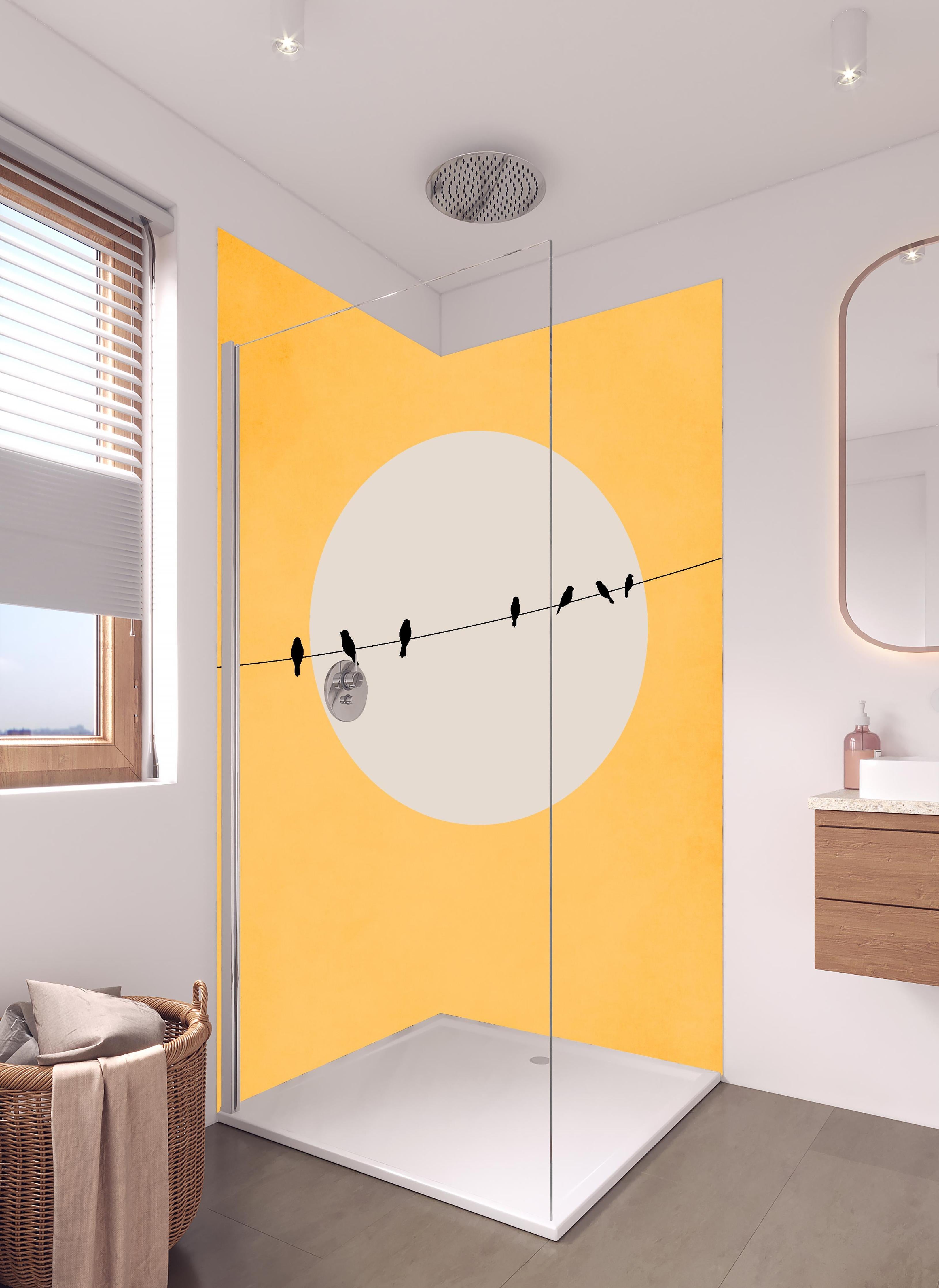 Duschrückwand - Helle Sonne - Gemälde in hellem Badezimmer mit Regenduschkopf - zweiteilige Eck-Duschrückwand