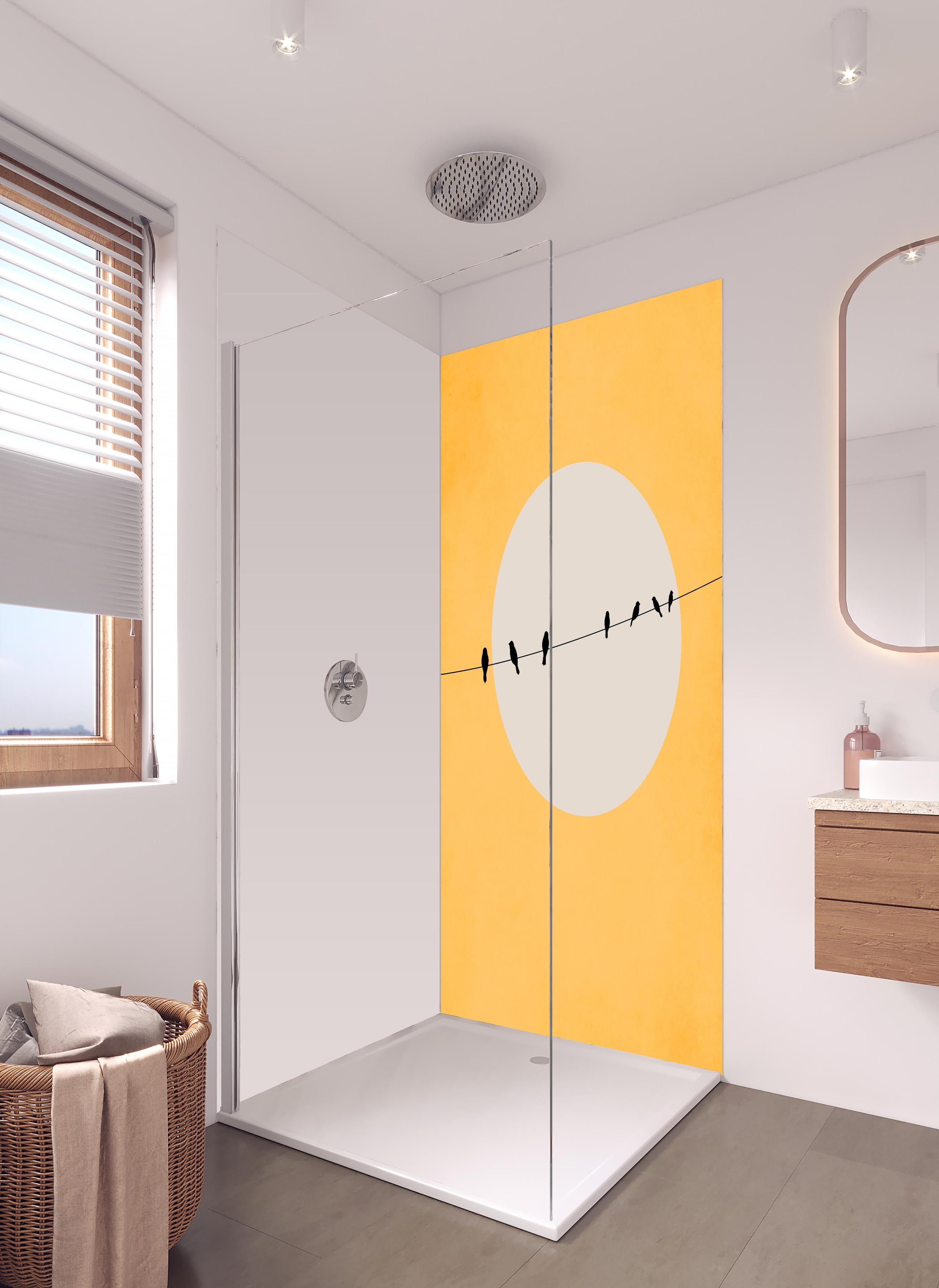 Duschrückwand - Helle Sonne - Gemälde in hellem Badezimmer mit Regenduschkopf - zweiteilige Eck-Duschrückwand