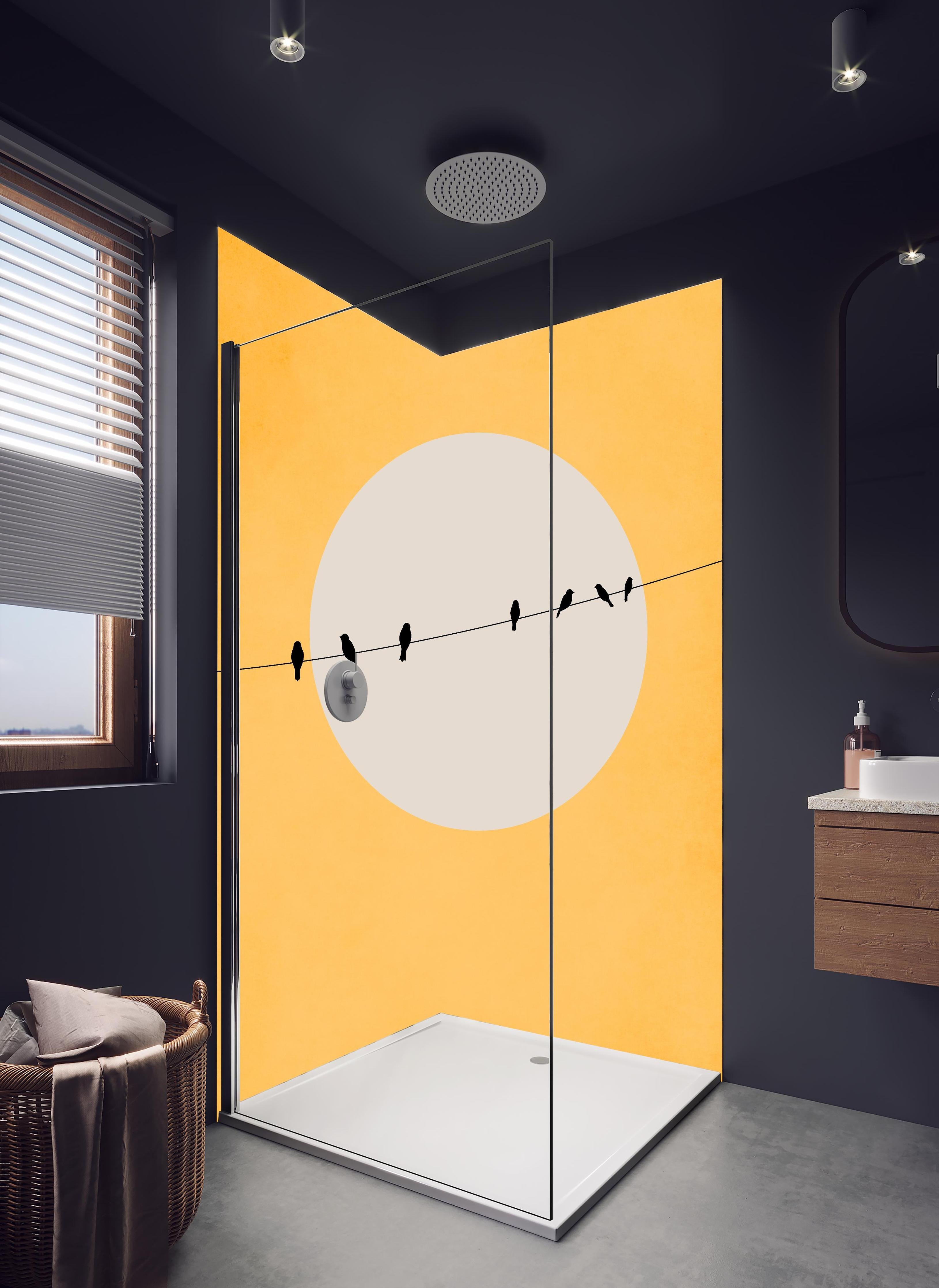 Duschrückwand - Helle Sonne - Gemälde in hellem Badezimmer mit Regenduschkopf - zweiteilige Eck-Duschrückwand