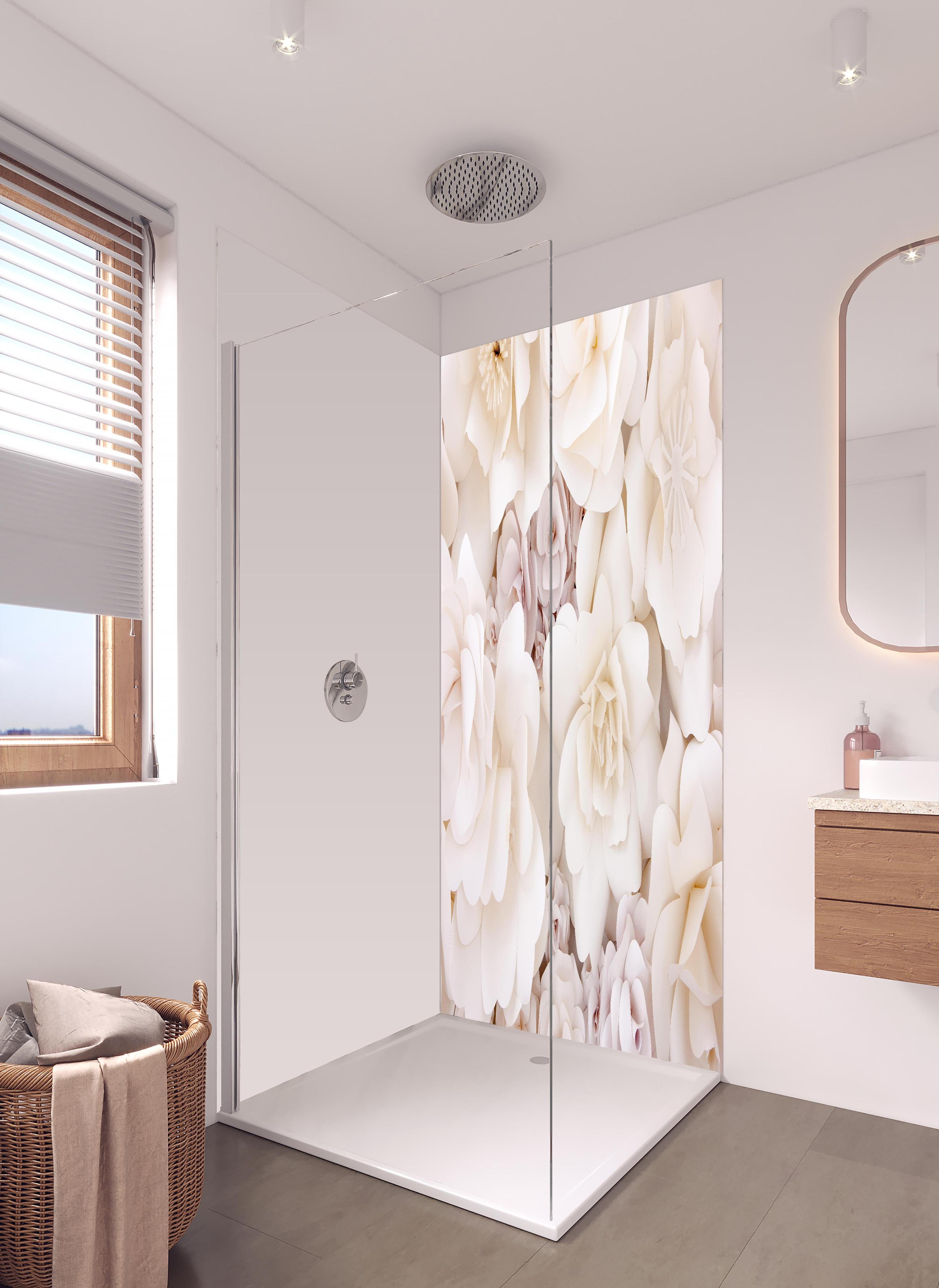 Duschrückwand - Helle ästhetische Papierblumen in hellem Badezimmer mit Regenduschkopf - zweiteilige Eck-Duschrückwand