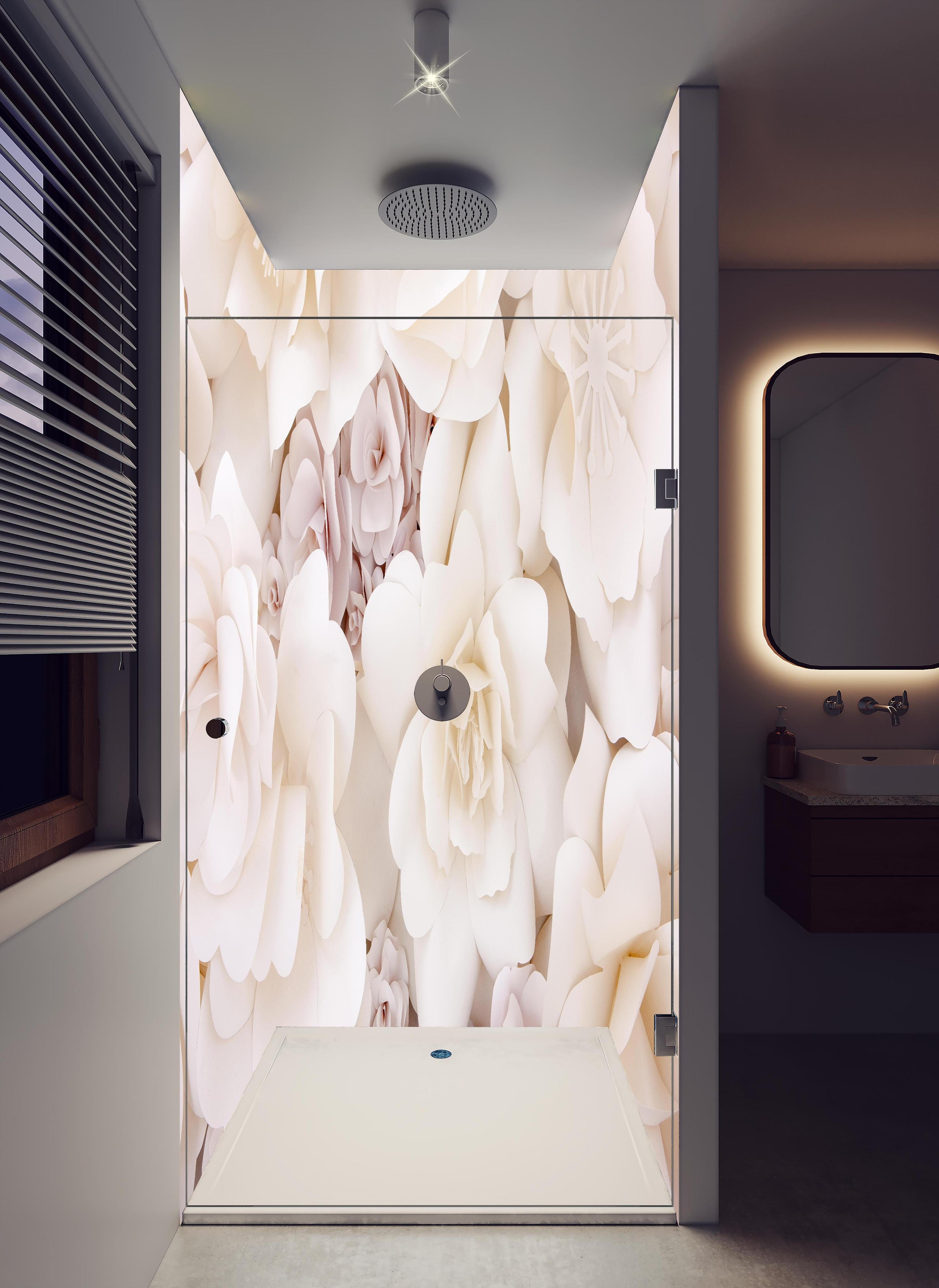 Duschrückwand - Helle ästhetische Papierblumen in hellem Badezimmer mit Regenduschkopf - zweiteilige Eck-Duschrückwand