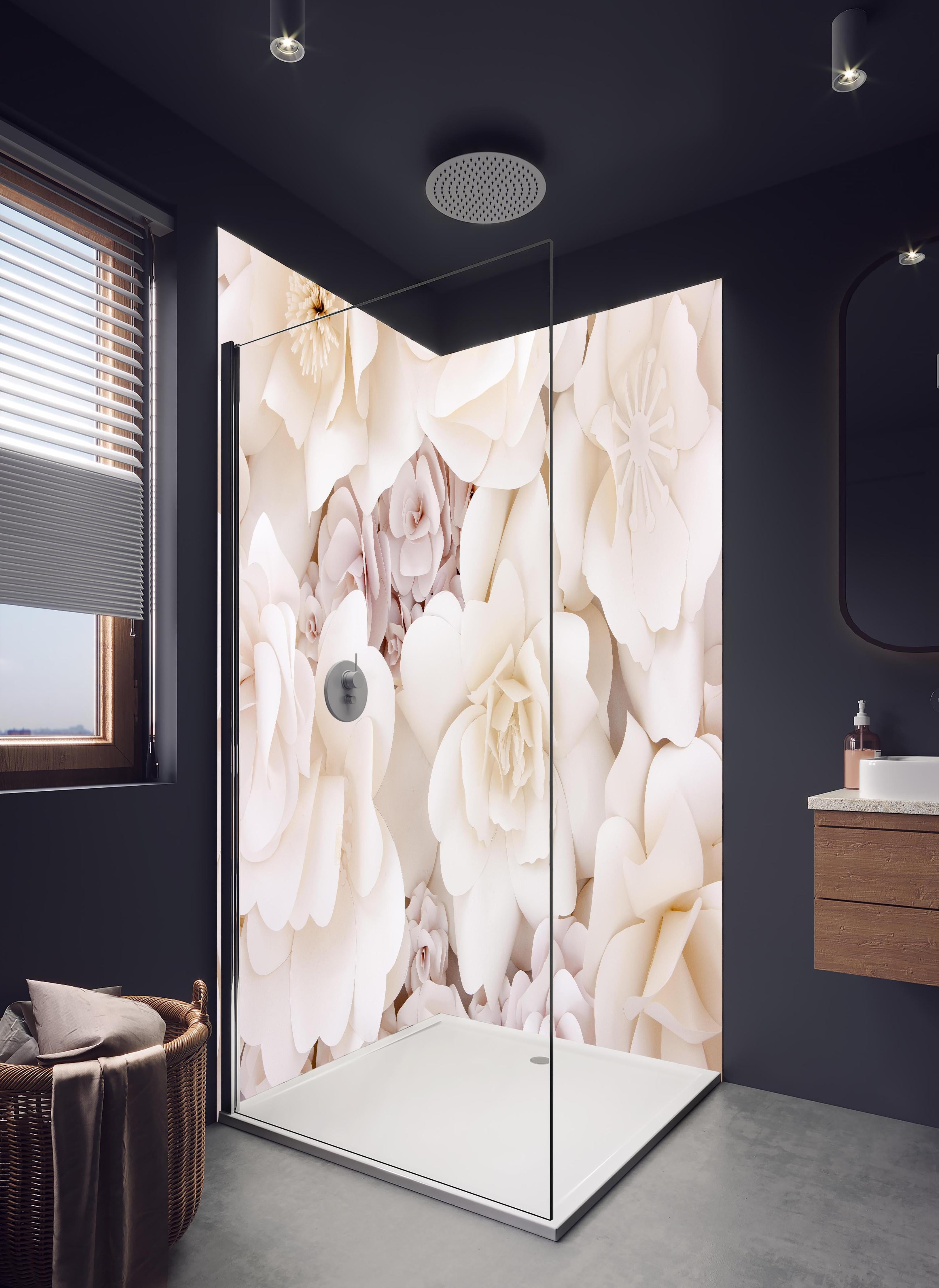 Duschrückwand - Helle ästhetische Papierblumen in hellem Badezimmer mit Regenduschkopf - zweiteilige Eck-Duschrückwand