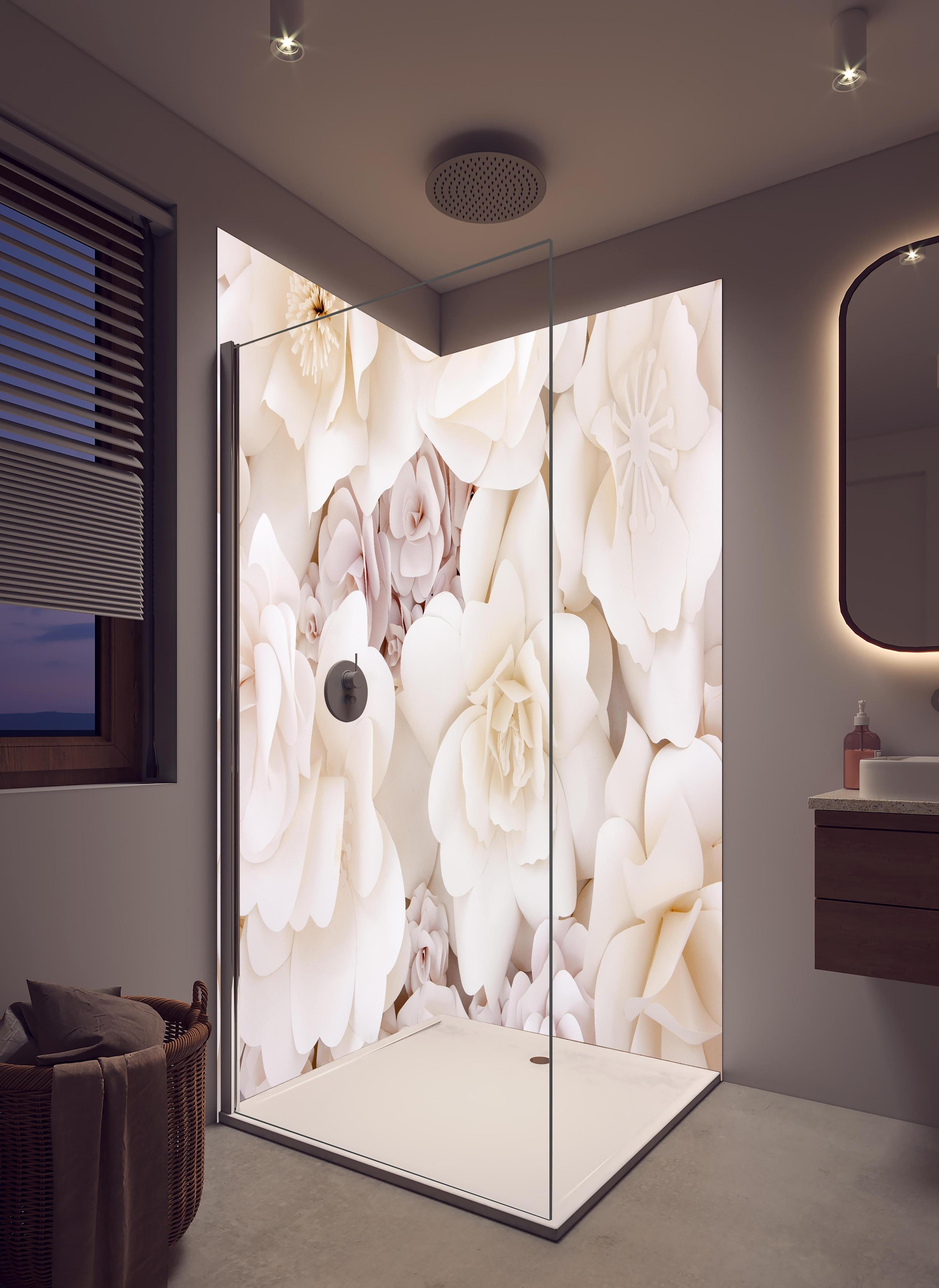 Duschrückwand - Helle ästhetische Papierblumen in hellem Badezimmer mit Regenduschkopf - zweiteilige Eck-Duschrückwand