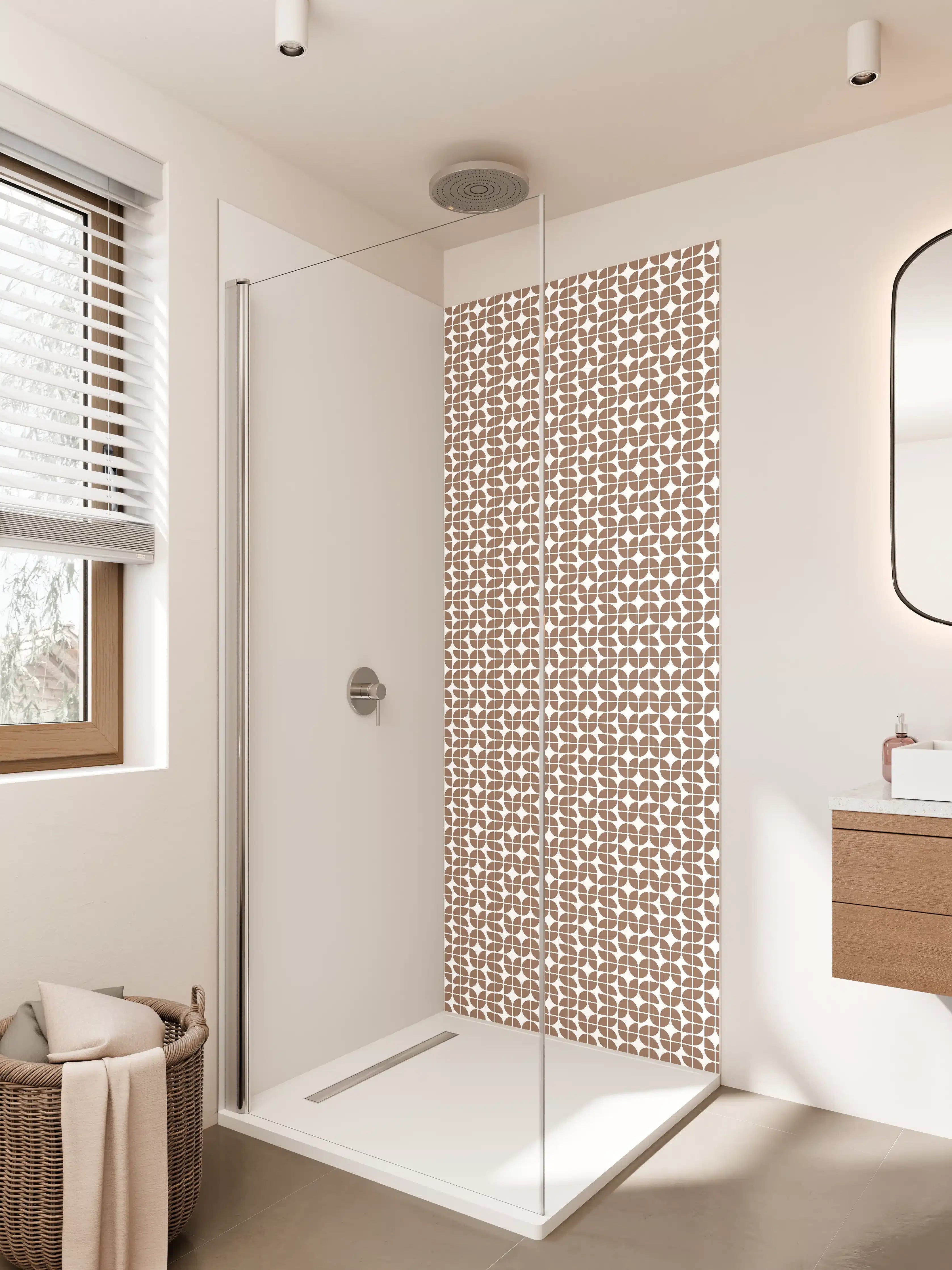Duschrückwand - Helle geometrische Fliesen mit Braun- und Beigetönen