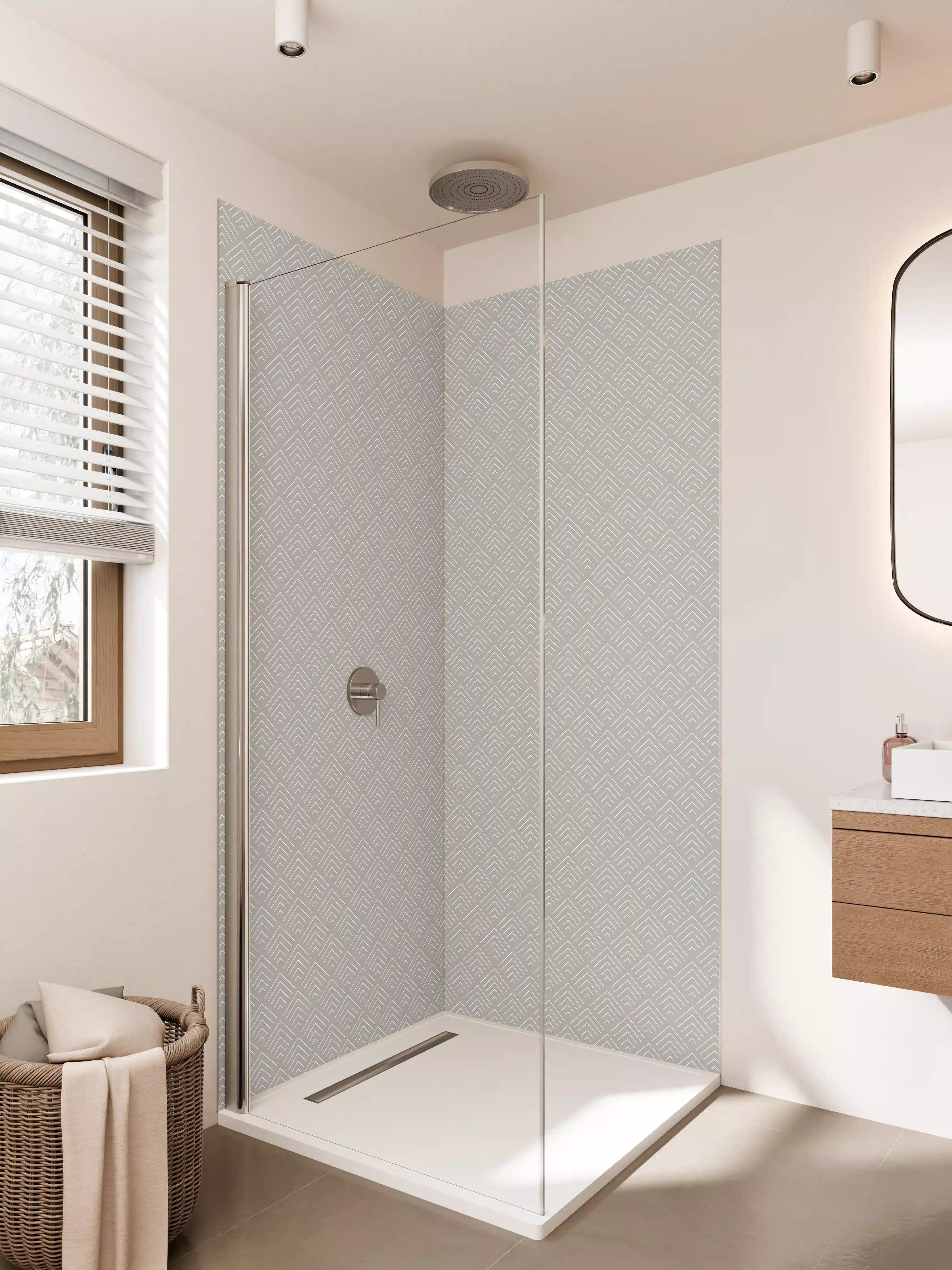Duschrückwand - Helle geometrische Muster in Creme und Grau