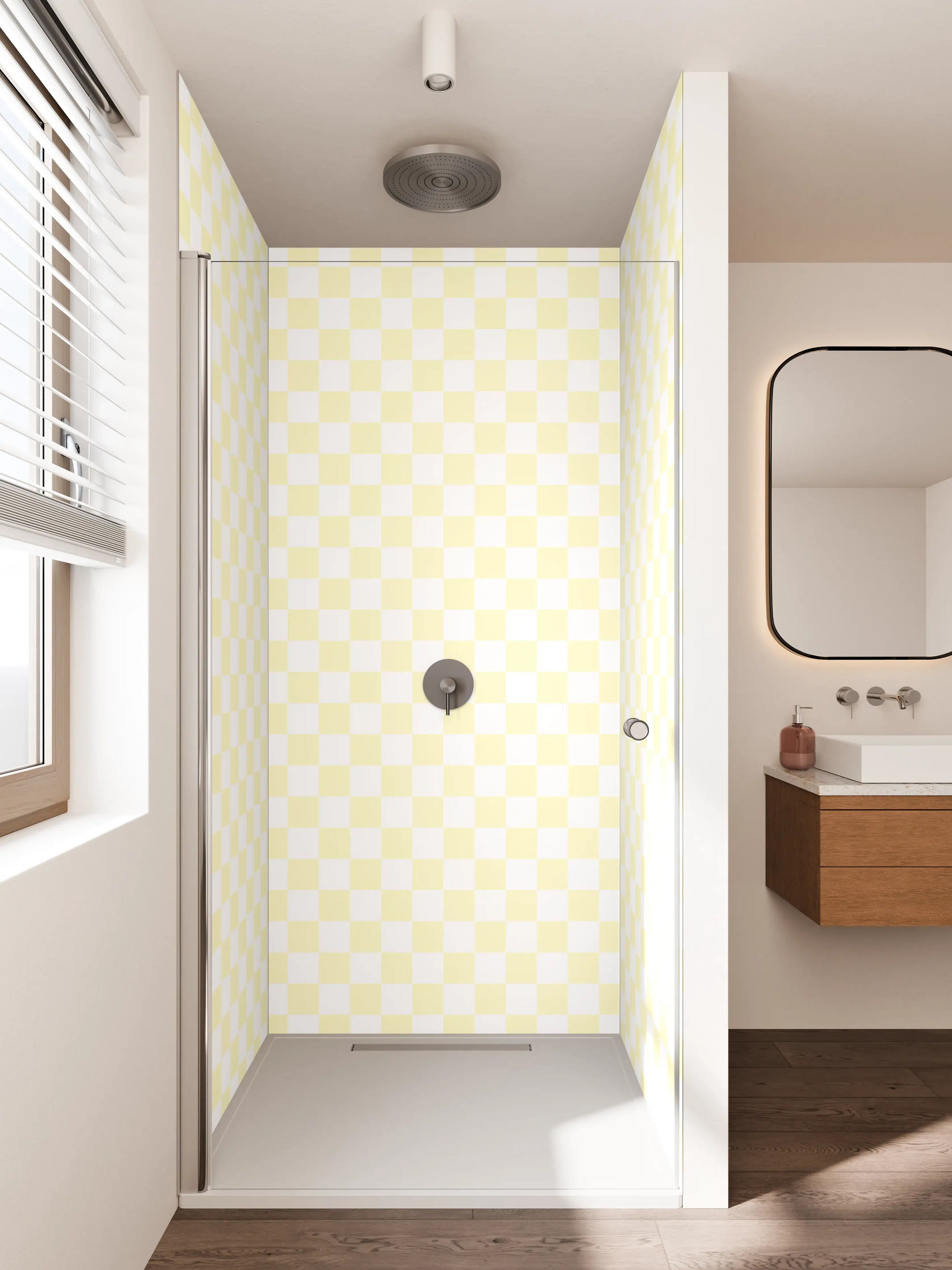 Duschrückwand - Helle, gelbe Karierte Struktur mit sanften Farbnuancen