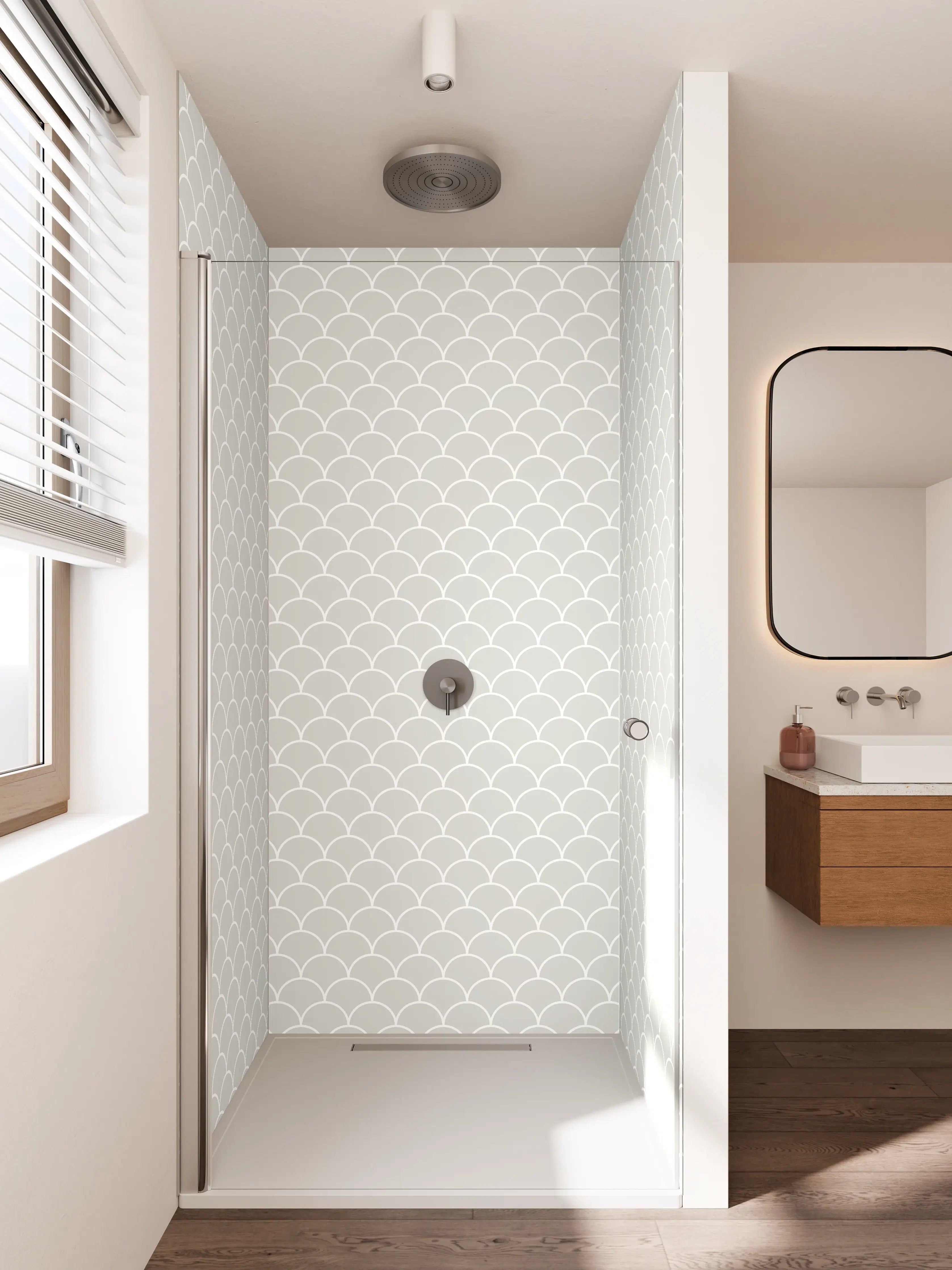 Duschrückwand - Helle, zarte Fischschuppen-Textur in Weiß