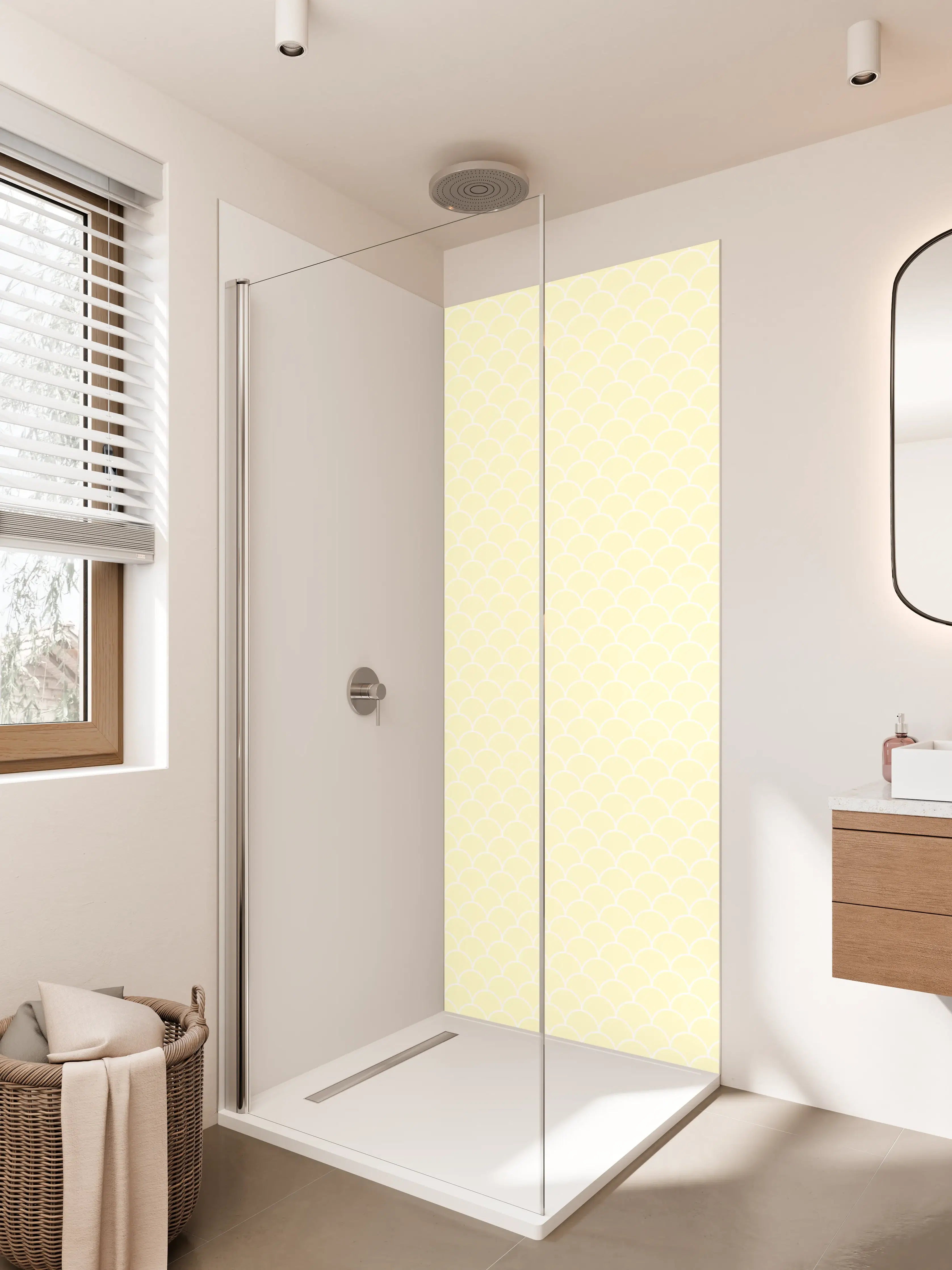 Duschrückwand - Helle, zarte Muster in Pastellgelb