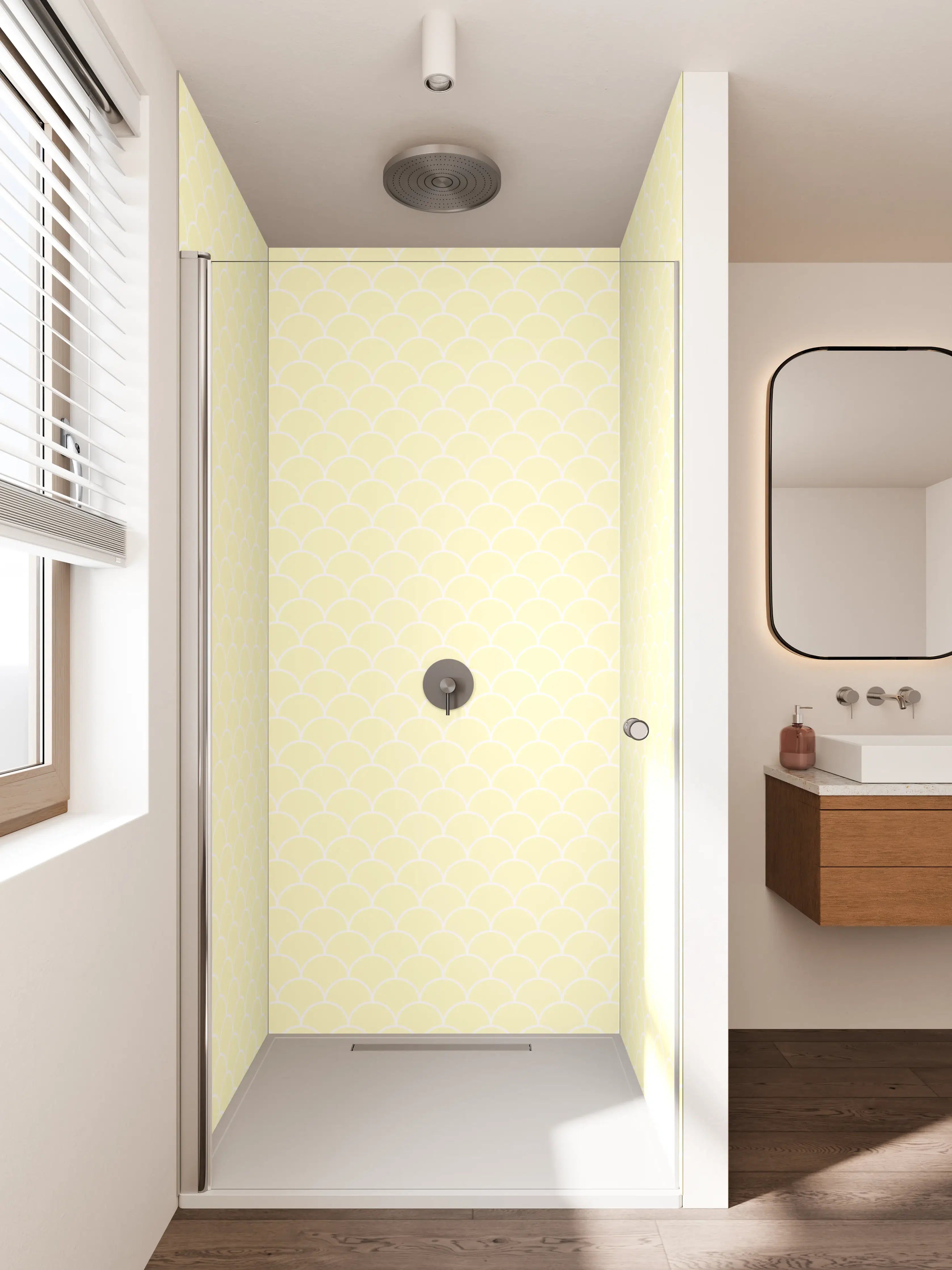 Duschrückwand - Helle, zarte Muster in Pastellgelb