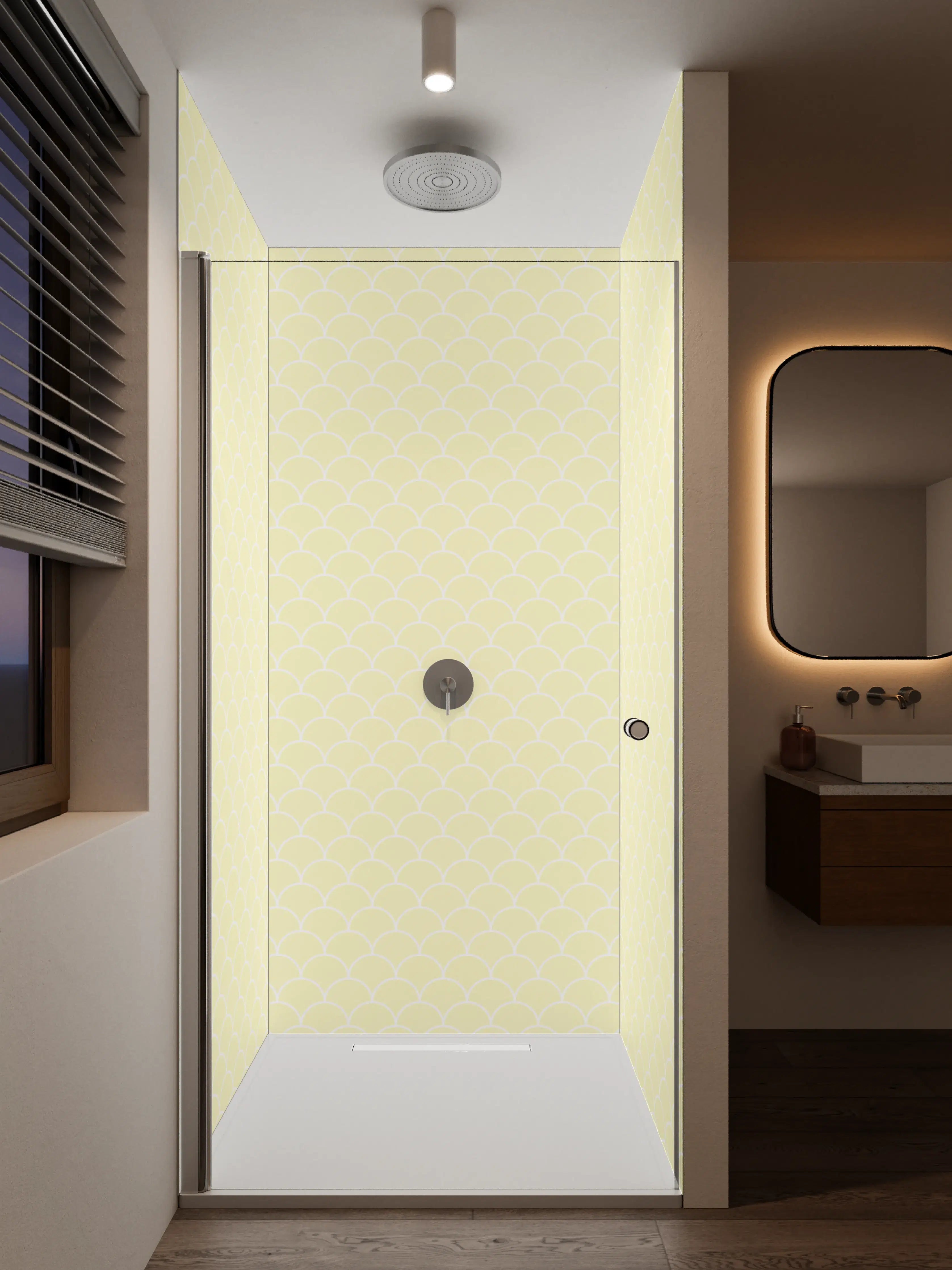 Duschrückwand - Helle, zarte Muster in Pastellgelb