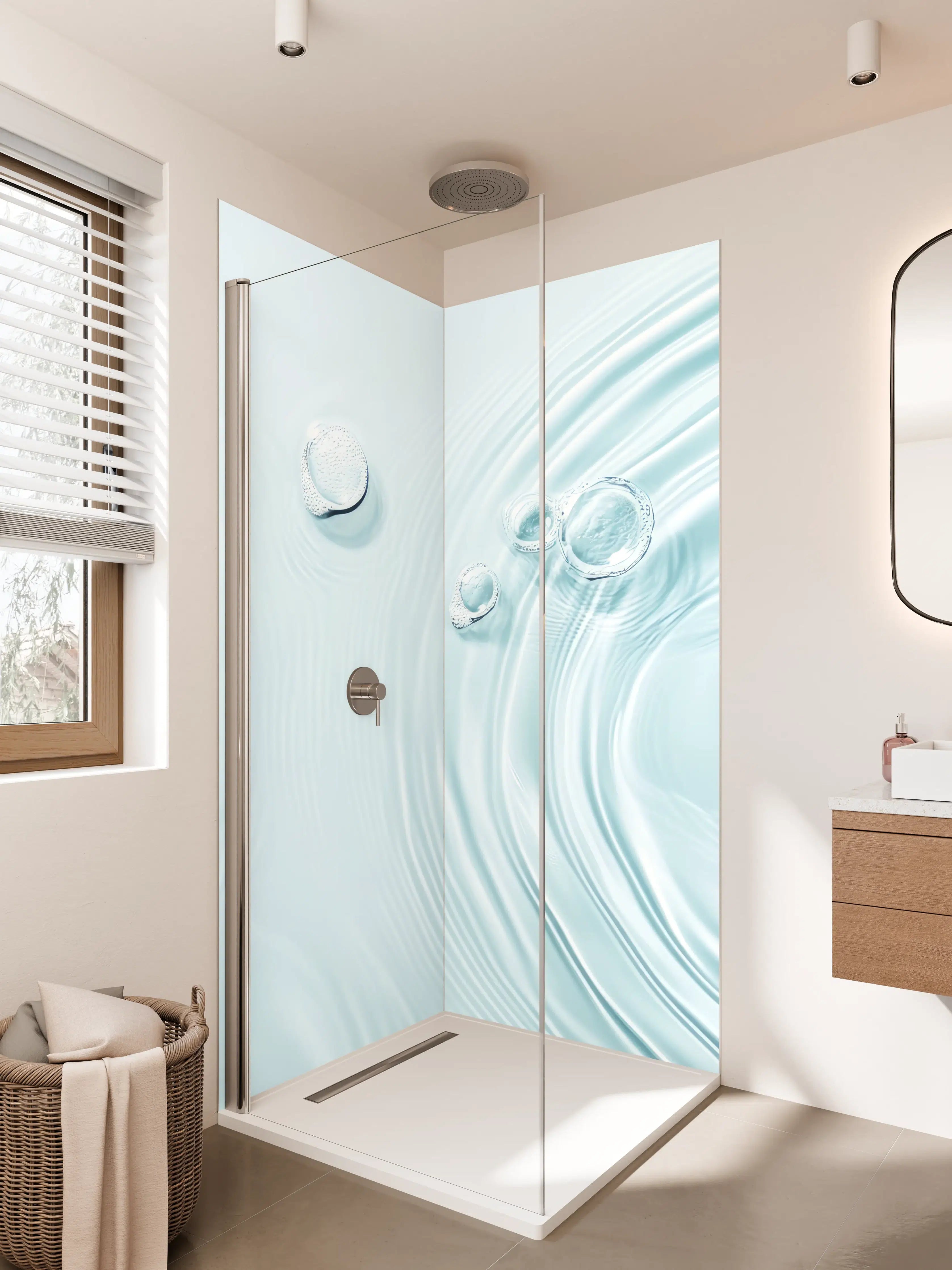 Duschrückwand - Heller Wasserwellen mit sanfter Farbgebung