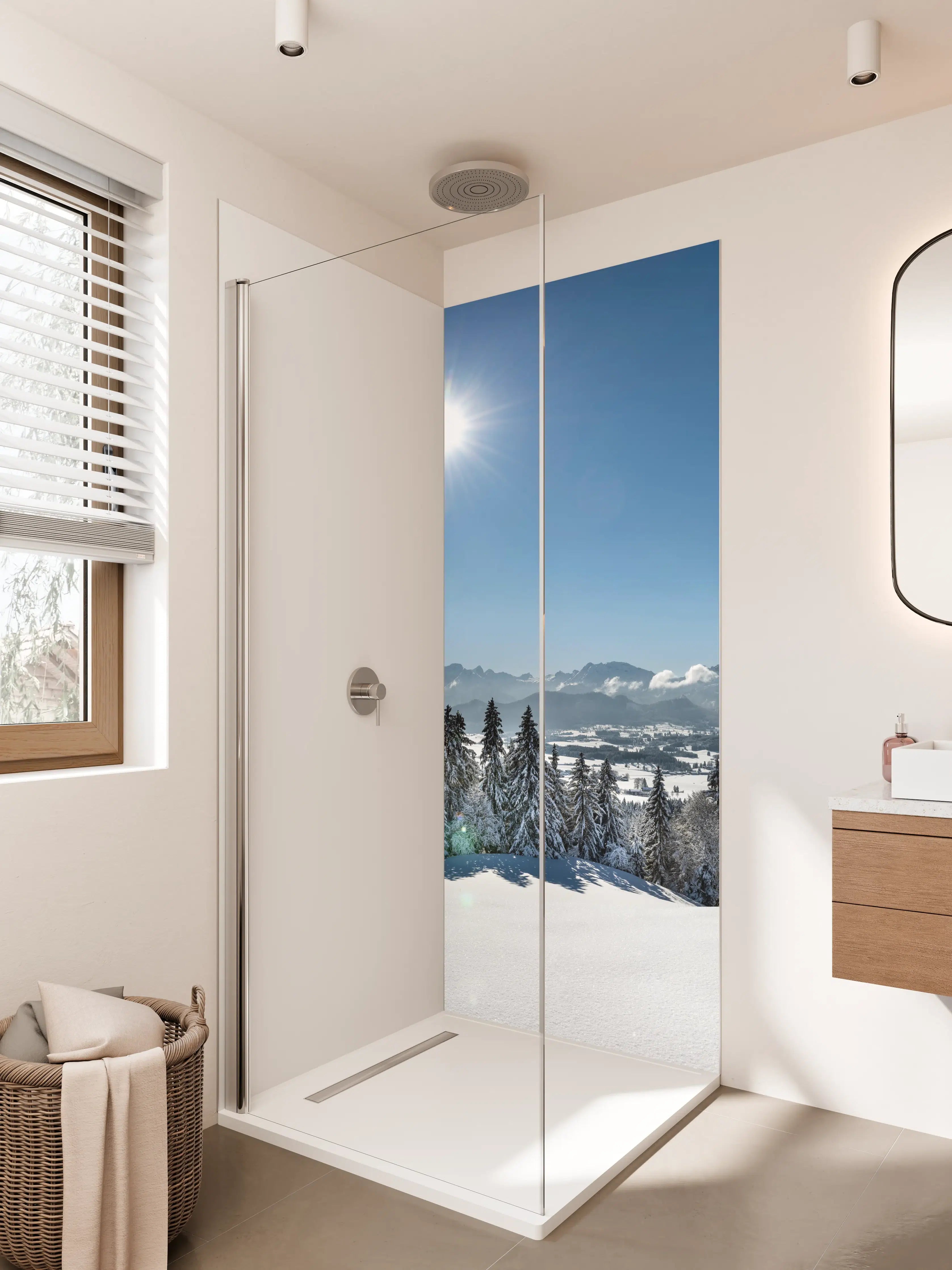 Duschrückwand - Heller Wintertag mit Sonnenschein und Schnee