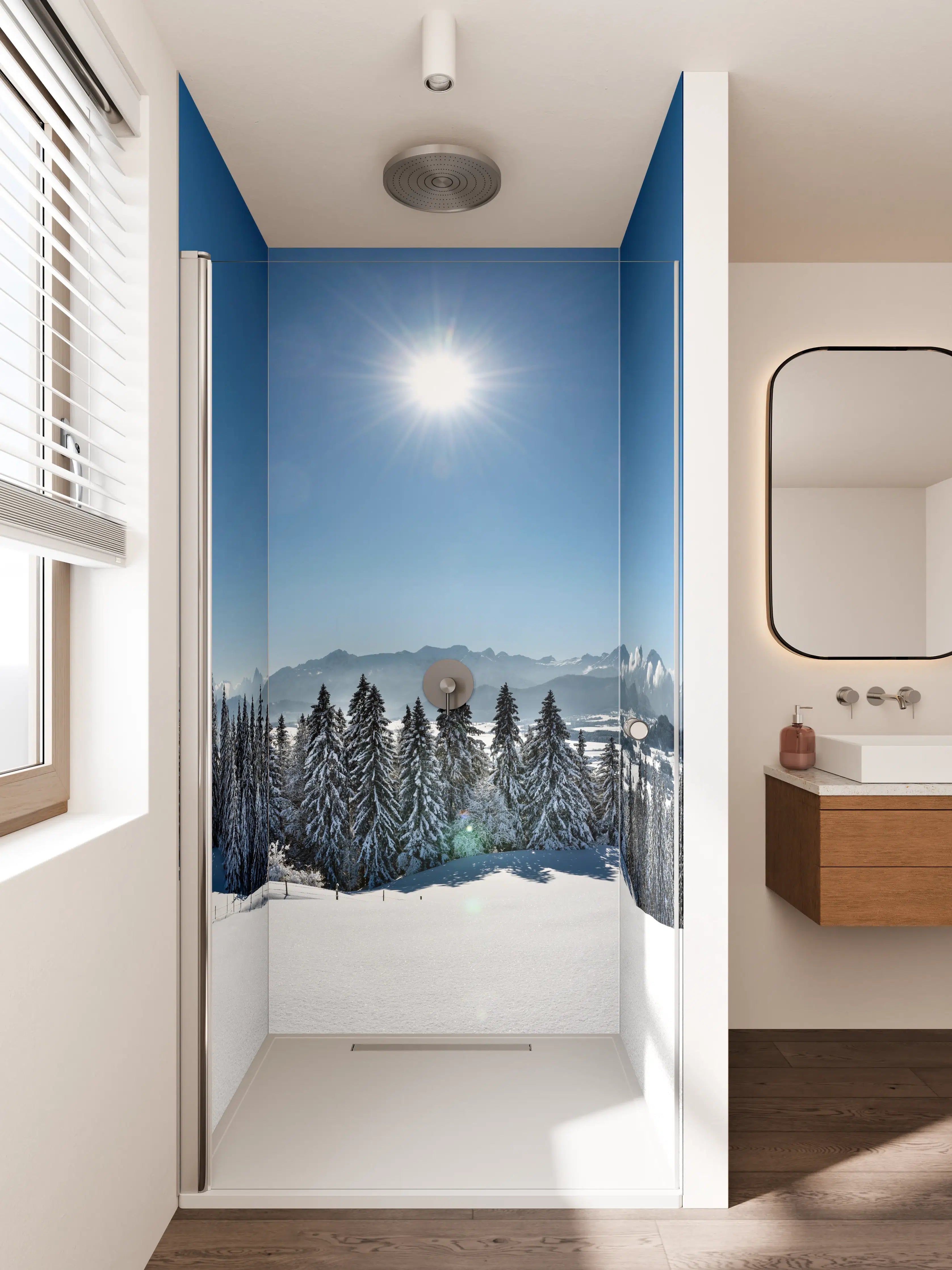 Duschrückwand - Heller Wintertag mit Sonnenschein und Schnee