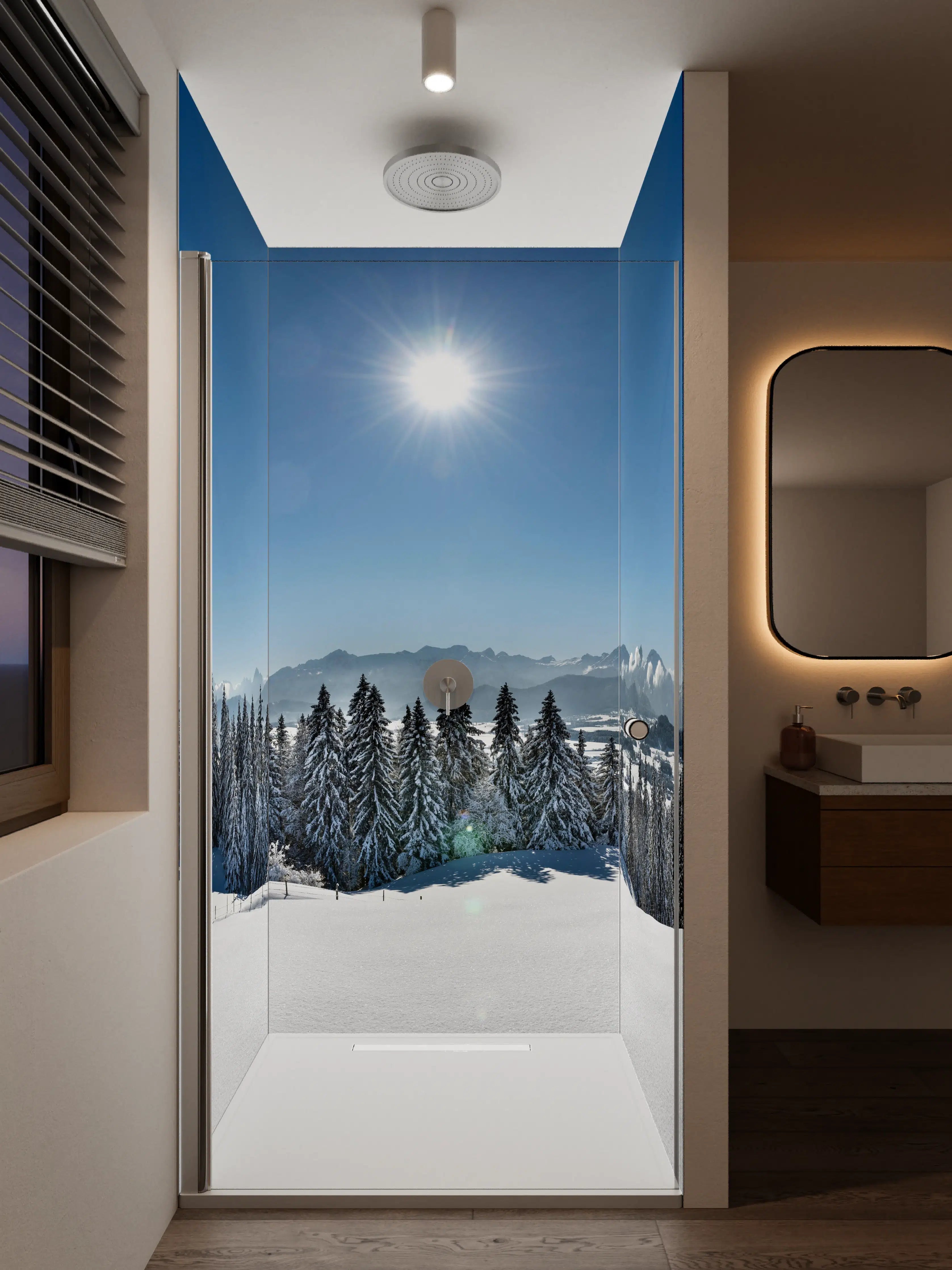 Duschrückwand - Heller Wintertag mit Sonnenschein und Schnee