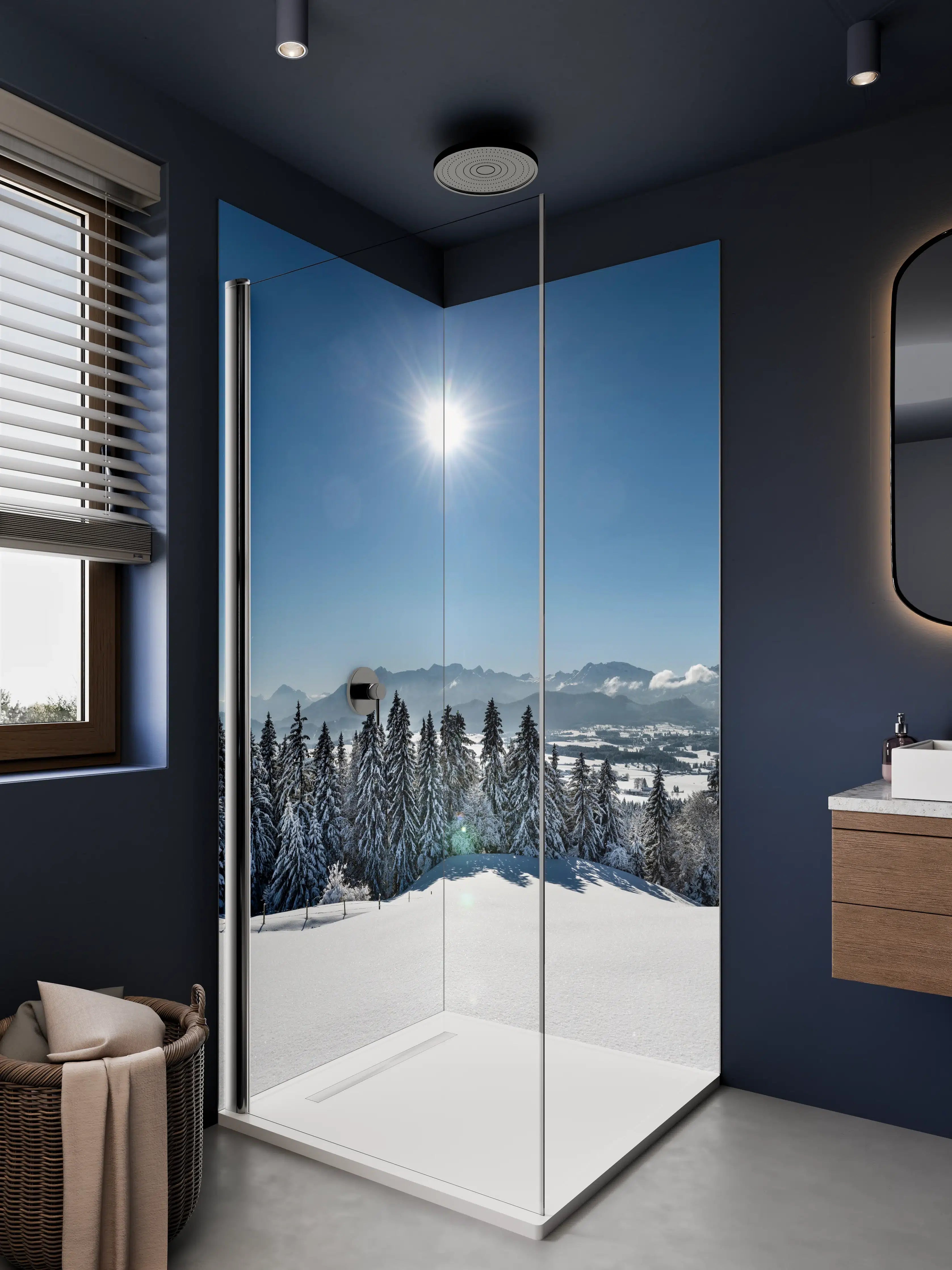 Duschrückwand - Heller Wintertag mit Sonnenschein und Schnee