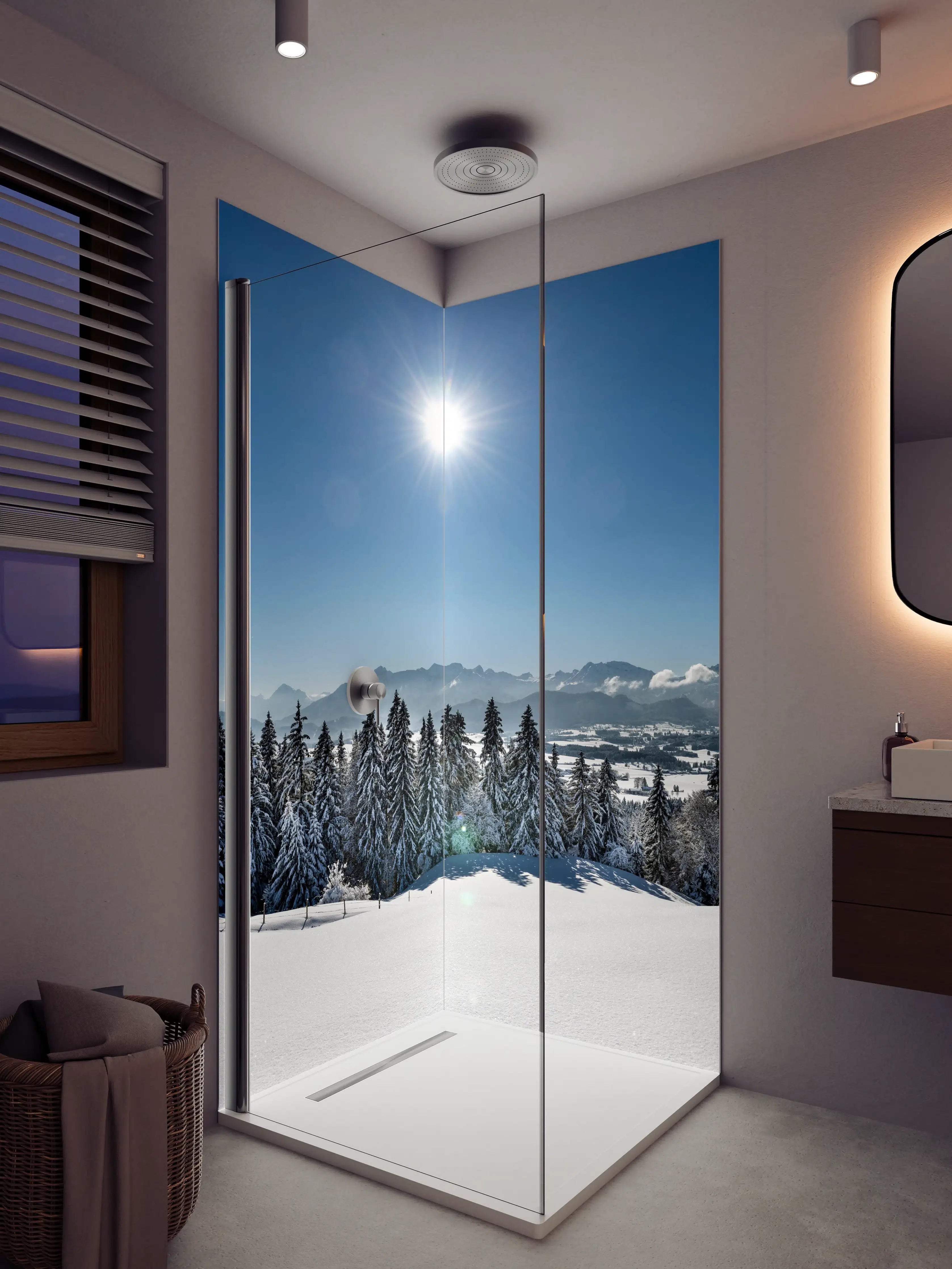 Duschrückwand - Heller Wintertag mit Sonnenschein und Schnee