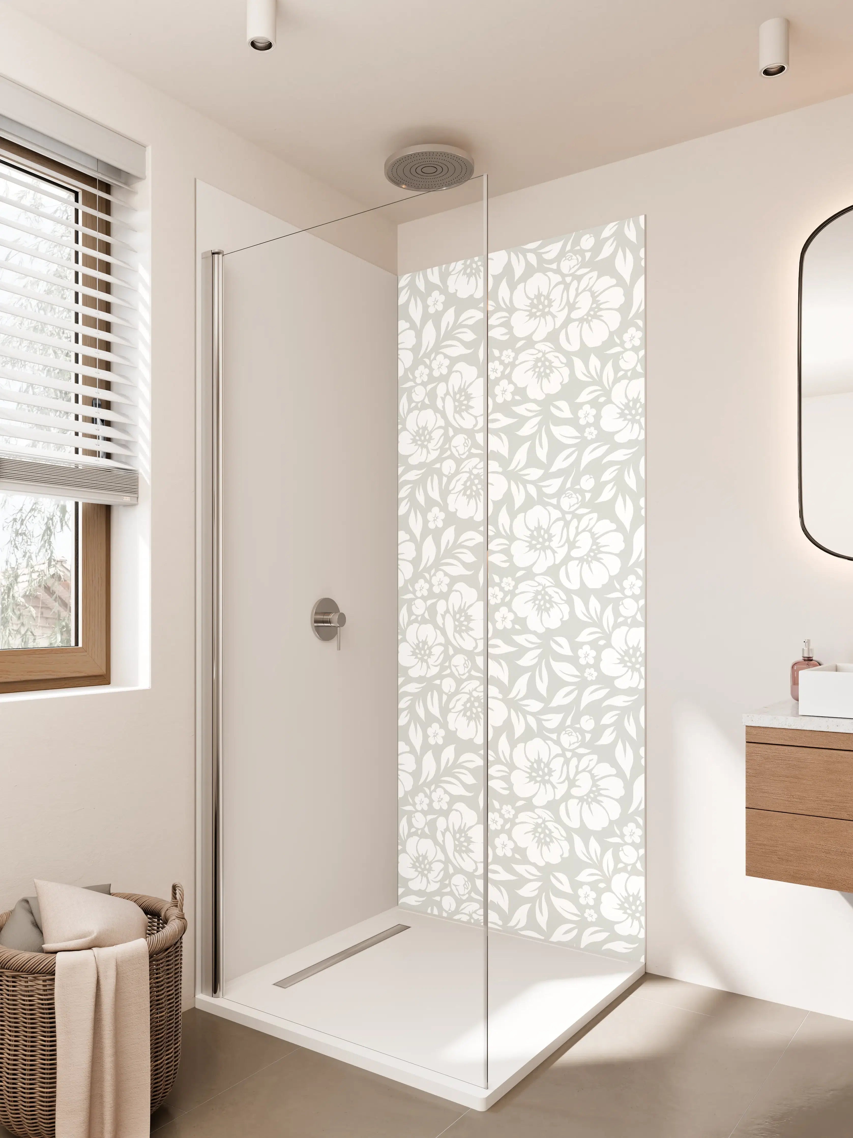 Duschrückwand - Heller floraler Musterdruck in Weiß und Grau