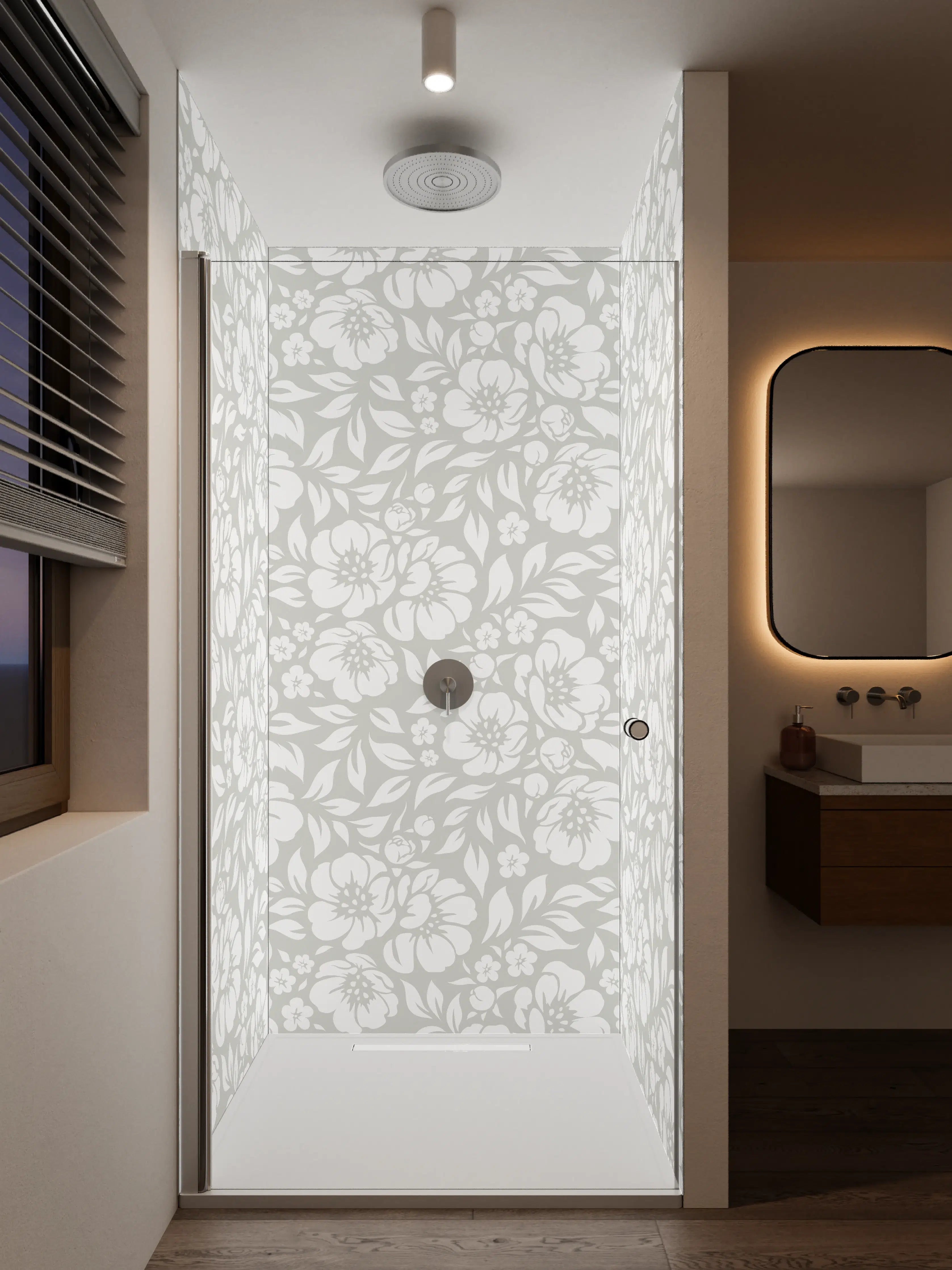 Duschrückwand - Heller floraler Musterdruck in Weiß und Grau