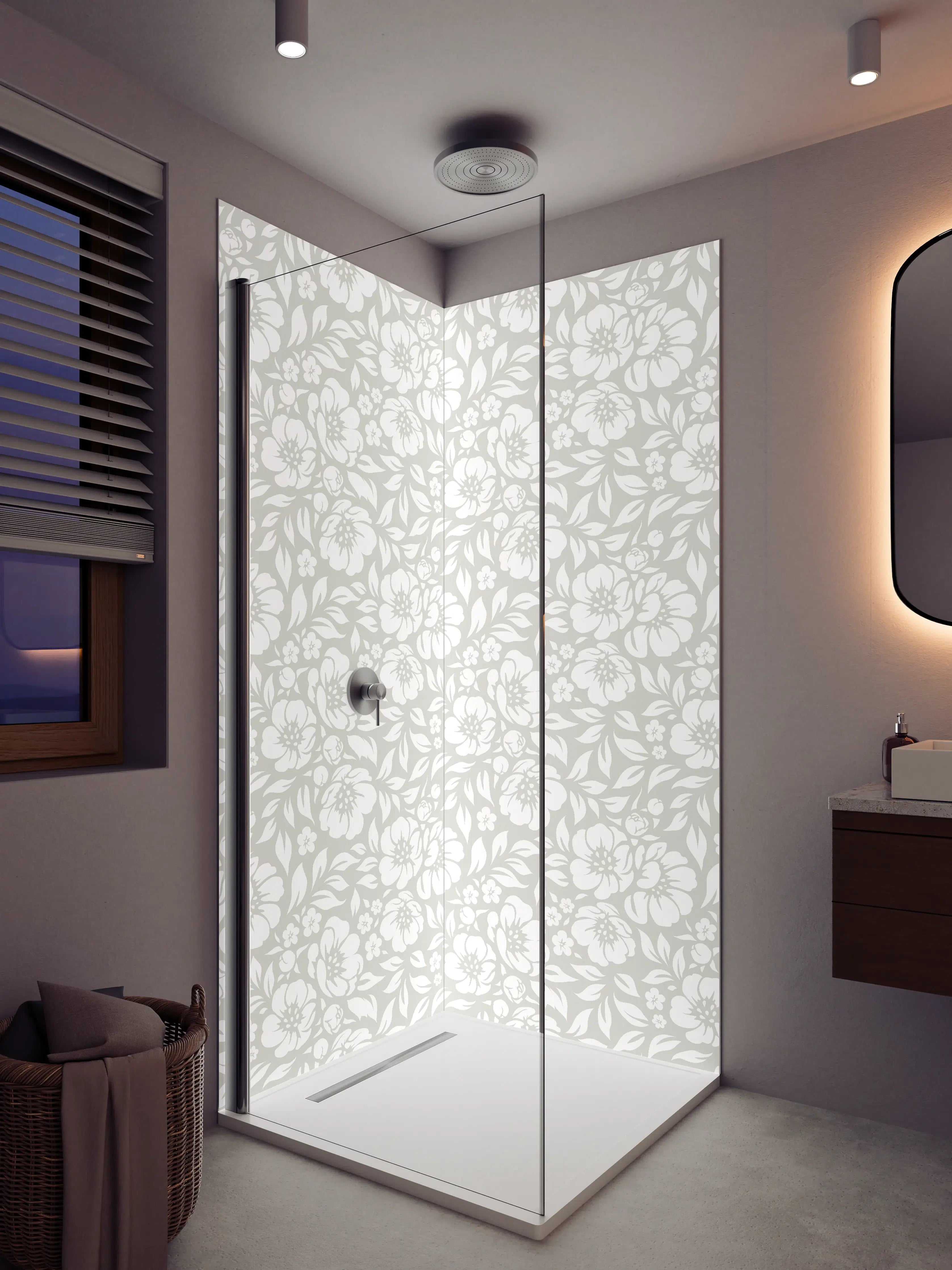 Duschrückwand - Heller floraler Musterdruck in Weiß und Grau